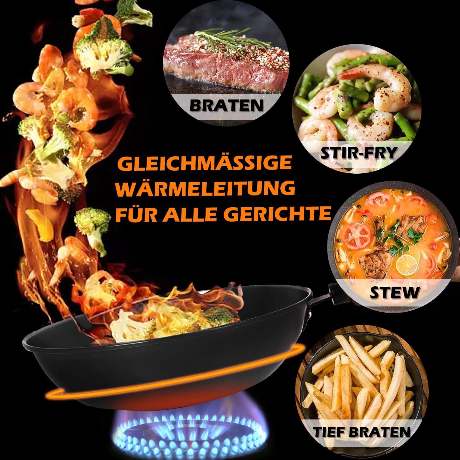 Wokpfanne mit Deckel, 33cm Wok Pfanne aus Karbonstahl zum Rühren und Braten mit Holzspatel, Wok aus Kohlenstoffstahl, nitrierter Antihaft-Chinesenwok mit flachem Boden für Induktion, Elektro- Gasherd