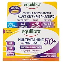 Equilibra Multivitamine e Minerali 50+, Rilascio Prolungato fino a 8 ore, Alto Dosaggio di Vitamina D, con Fosforo e Luteina, per Adulti 50+, Senza Glutine, per Vegetariani, 30 Compresse Triplo Strato
