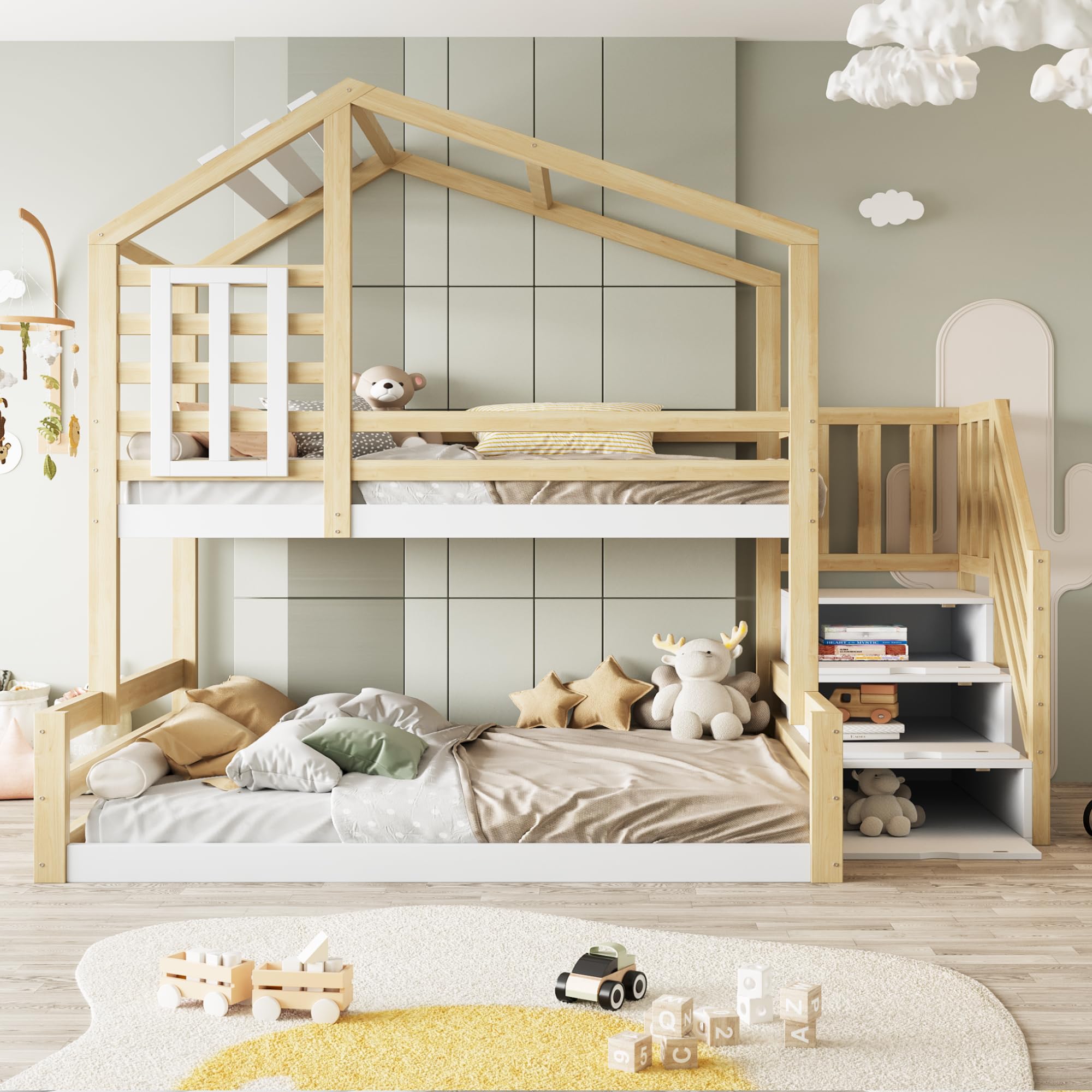 Etagenbett Kinderbett 90x200 & 140x200 cm, Hochbett Hausbett mit Treppe Stauraum und Fenster, Bett Bettgestell mit Lattenrost und Rausfallschutz, Holzbett für Kinder, Ohne Matratze, Natur