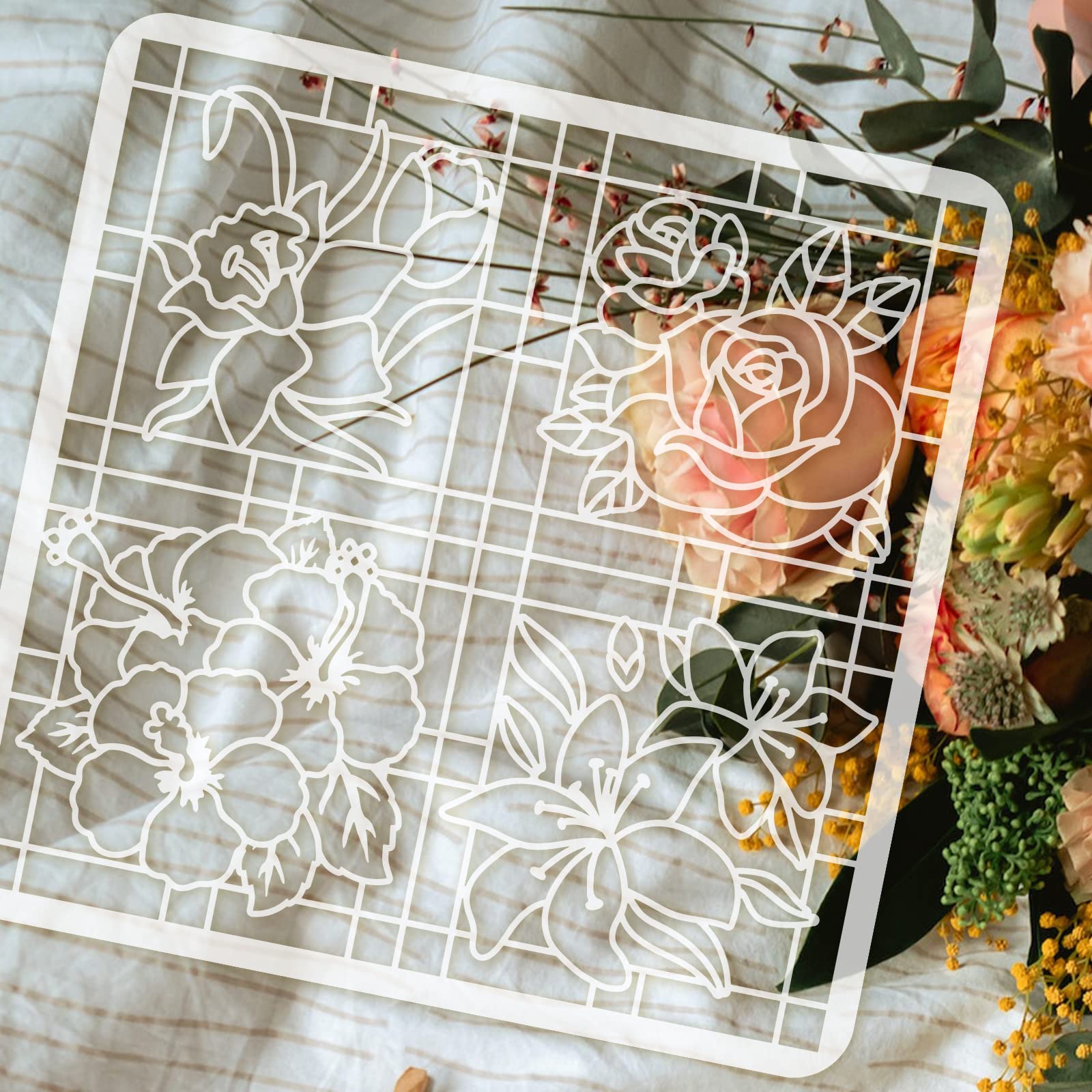 Pochoirs Fleurs 20x20cm - 9 Modèles Roses & Marguerites | DIY Déco