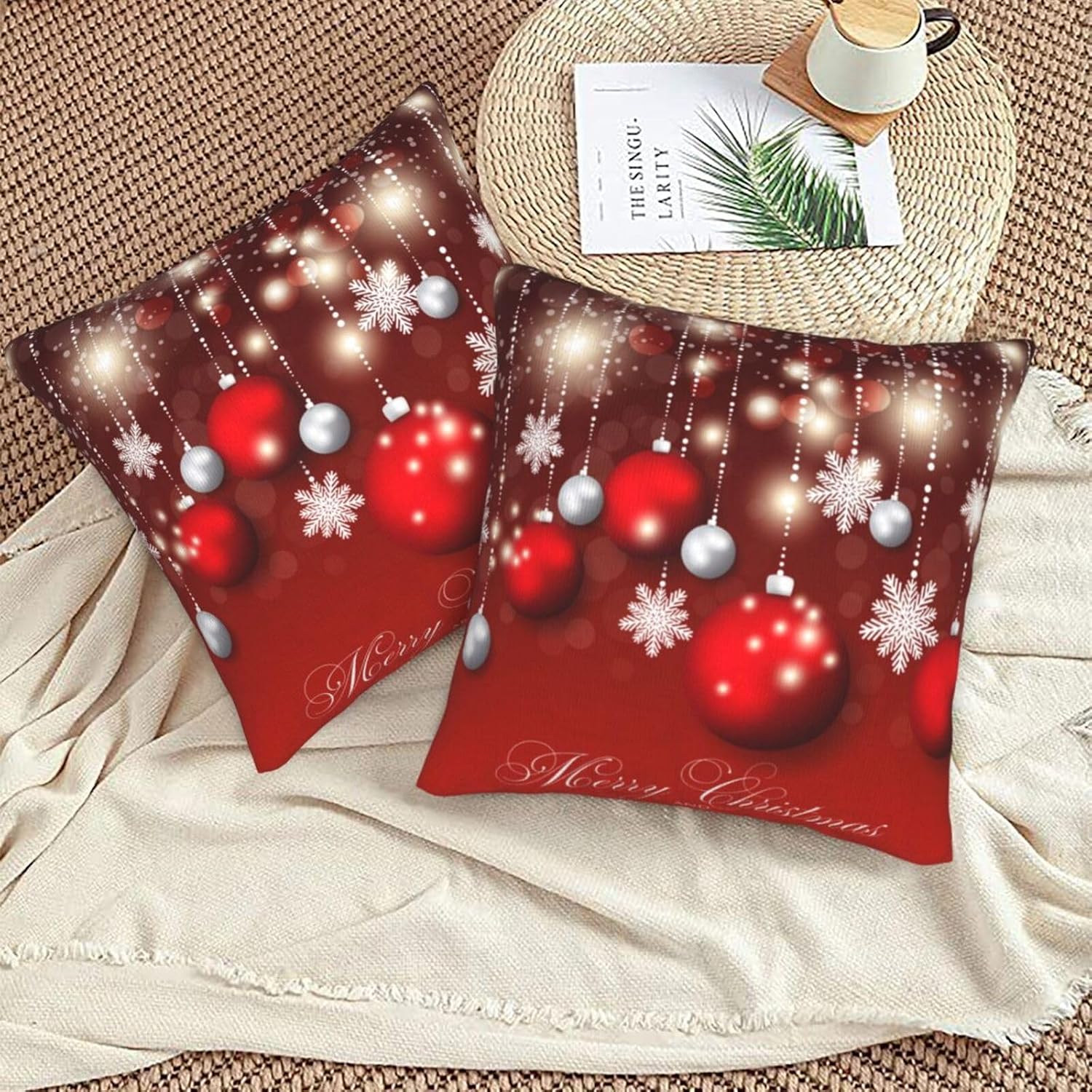 Pillow Covers Christmas Red Snowflake Ball Set of 2 Pillowcases Square Cushion Cover Throw Pillows Case Decorative for Sofa Couch Home Bedroom Chair Car Indoor Outdoor 18x18 Inches