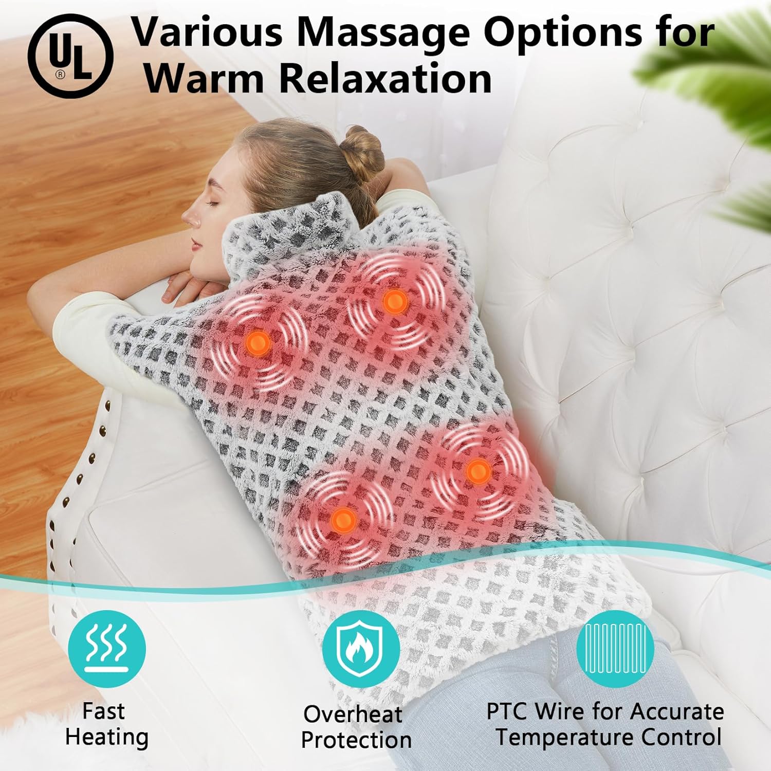 CAROMIO 4 Massaging Heating Pad for Back Pain Relief, Neck and Shoulders Electric Heating Pads Large Size, Full Body Back Heat Mat with Auto Shut Off, 3 Heat Levels & 3 Massage Modes (Grey, 35"x24")