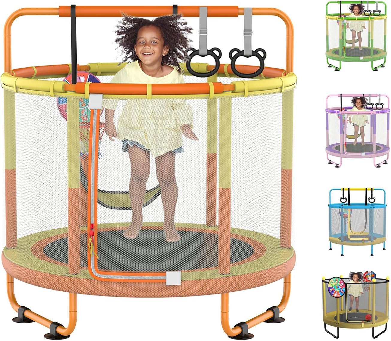 LANGXUN 60" Trampoline for Kids, 5ft Toddler Mini 6-in-1 Trampoline Indoor Outdoor with Swing, Basketball Hoop, Dart Board, Rings, Christmas Toys Birthday Gifts for Girls Boys Orange&Yellow 6-in-1