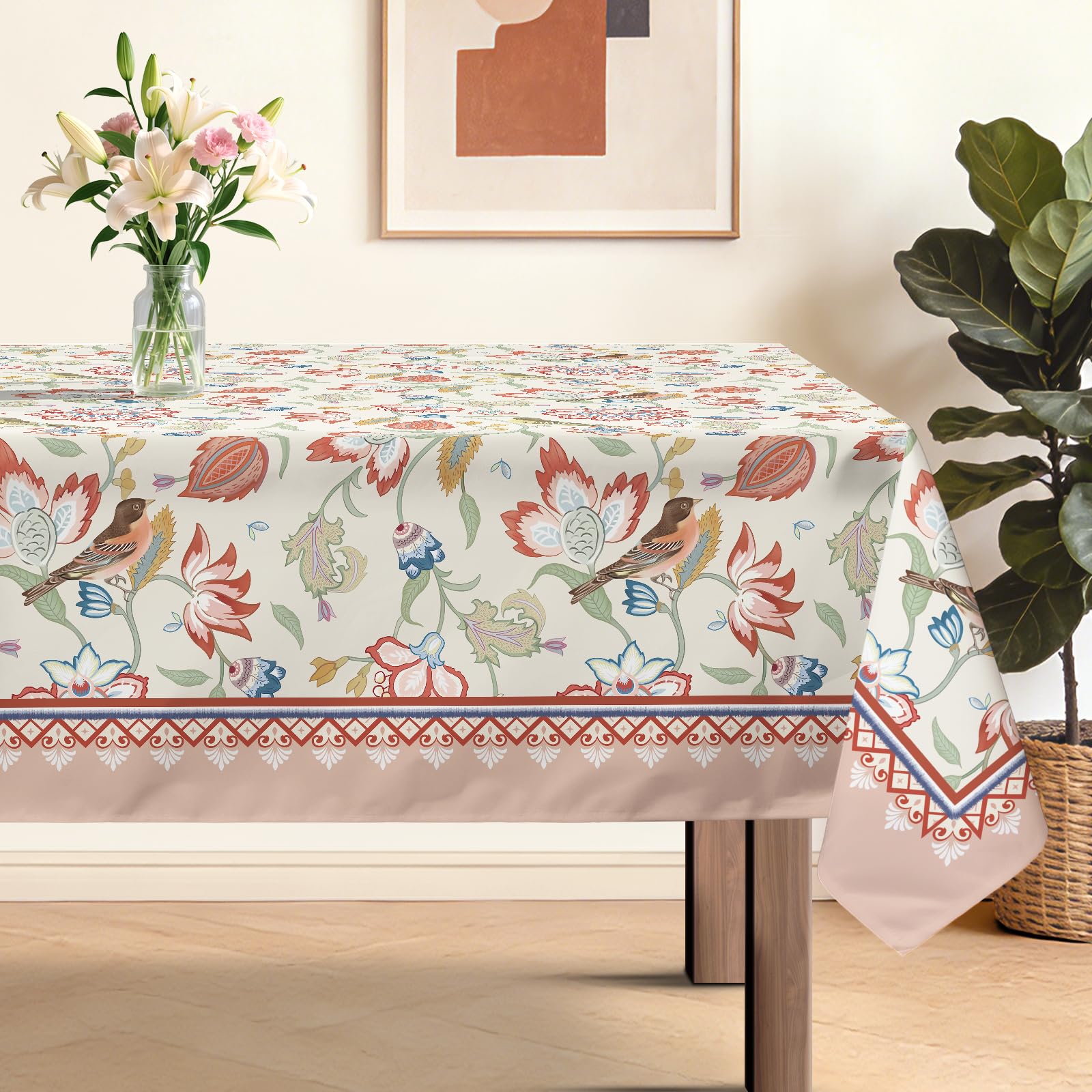 hometrixx Floral Pink Birds Washable Rectangle Table Cloth 152x264cm