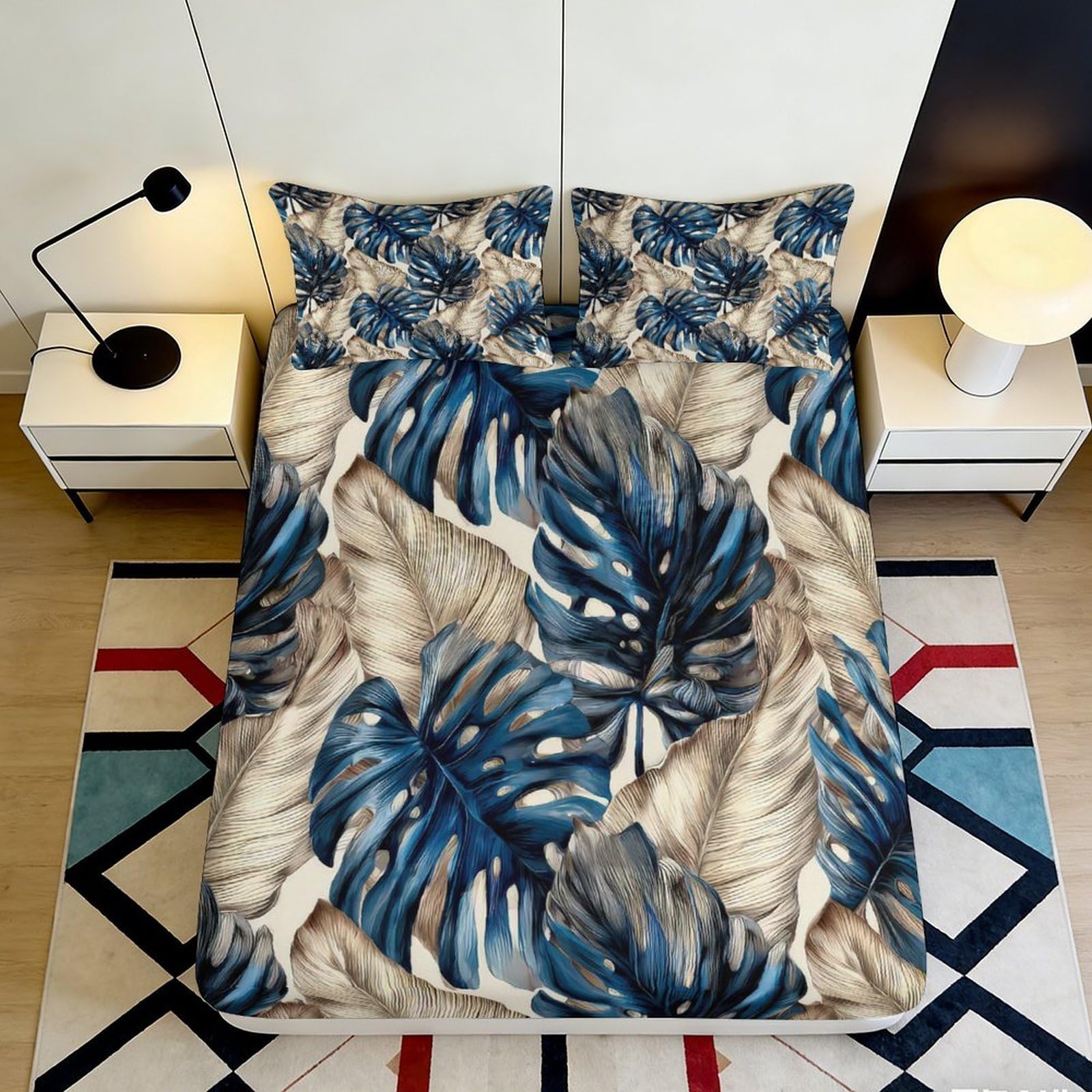 3D Printed Blue Monstera Leaf Fitted Sheet Microfiber Soft Beige Tropical Mattress Cover for Bedroom Dorm Decor 120x200x25cm