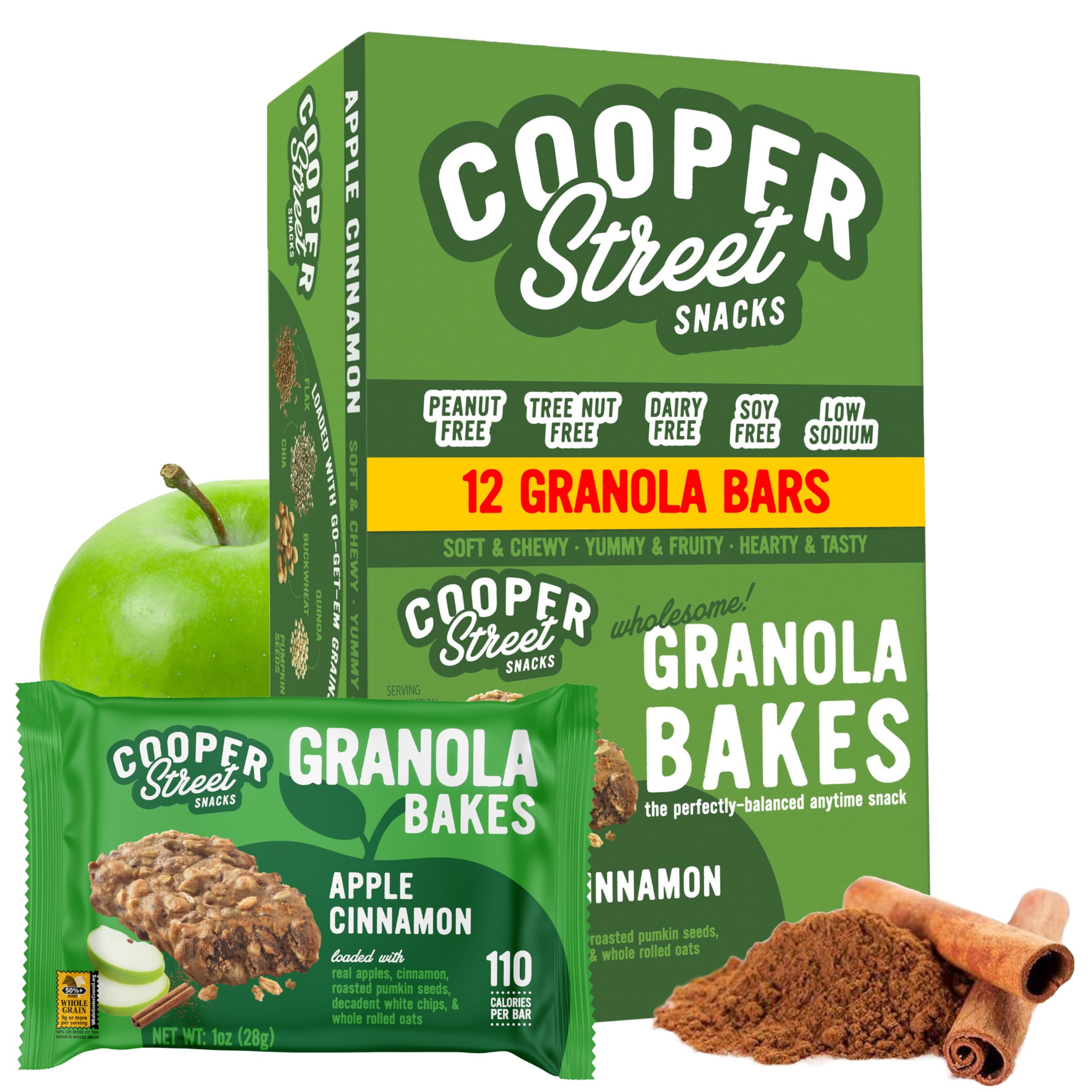 Cooper Street Granola Bakes 애플 시나몬 - 부드럽게 구운 츄이 브렉퍼스트 그래놀라 쿠키 바 - 견과류 및 유제품 프리 학교 안전 곡물 및 씨앗 바 - 어린이 및 성인용 110칼로리 건강한 간식 - 12팩