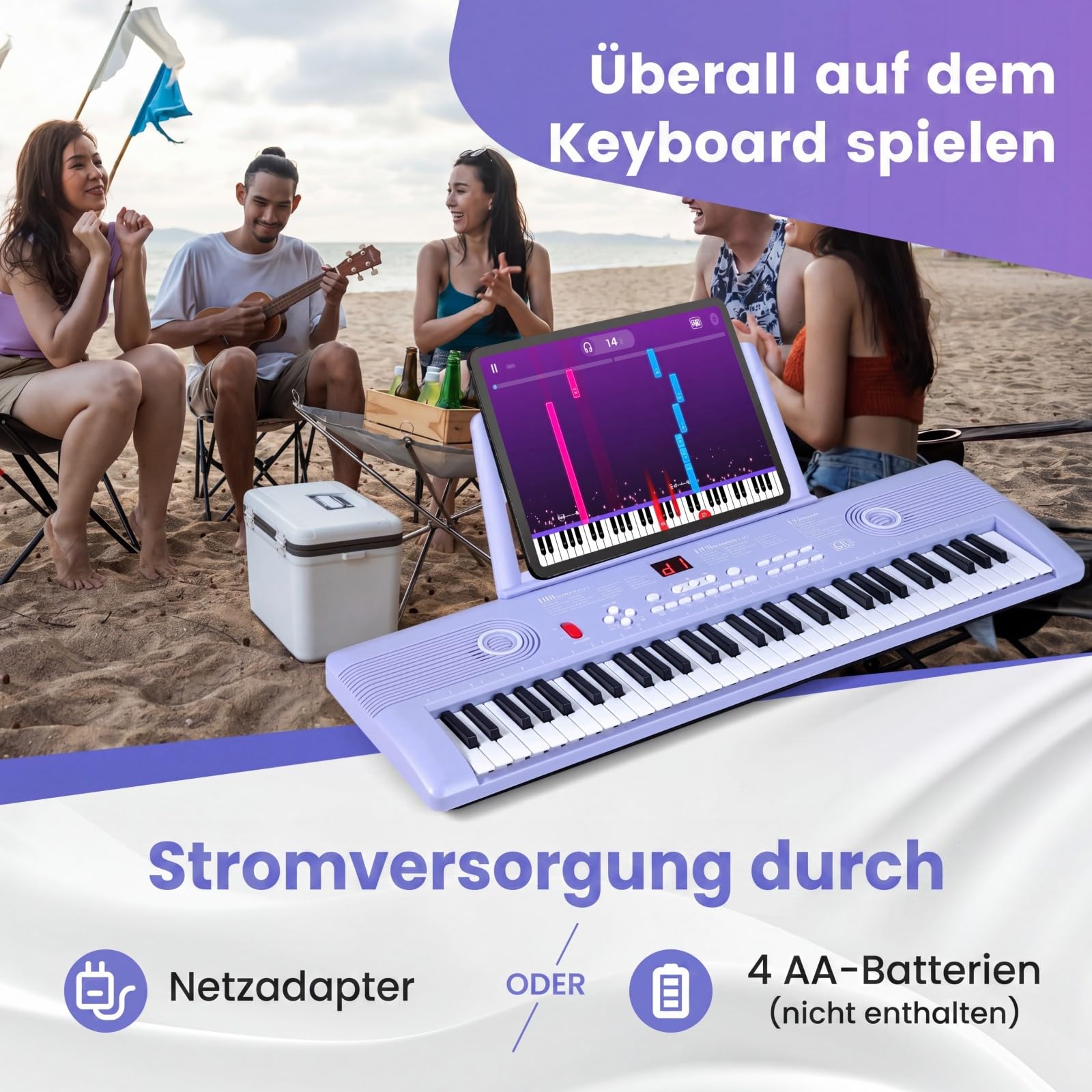 COSTWAY Keyboard Piano 61 Tasten, Digital Piano mit Ständer & Mikrofon & Tragetasche, E-Piano für Einsteiger, Klavier für Kinder Jungen (Lila)
