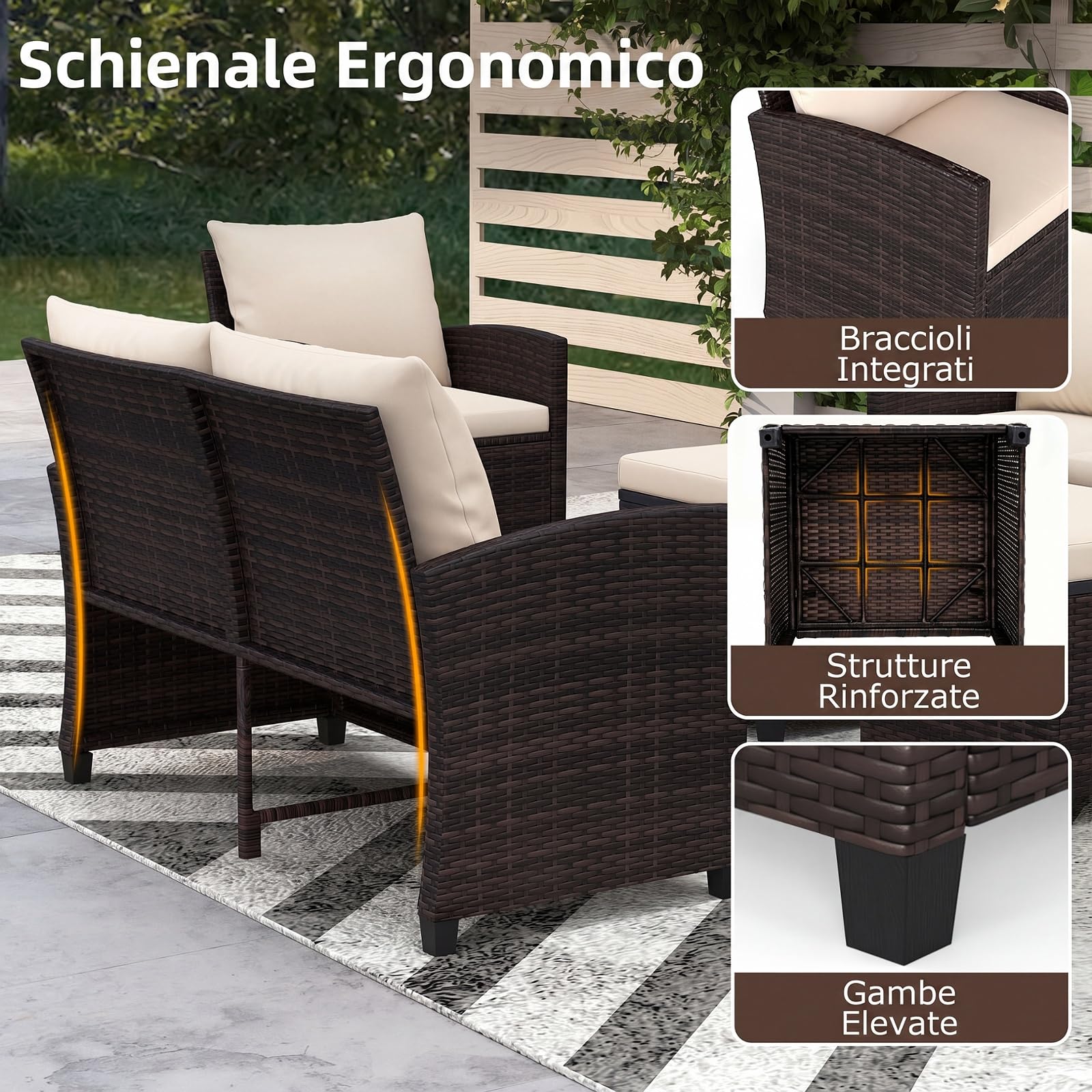 COSTWAY Set Salotto da Giardino per 7 Persone, Set da Esterno in Rattan con Divano a 3 Posti, Divano a 2 Posti, 2 Poltrone e 2 Poggiapiedi con Cuscini Morbidi per Terrazza e Balcone (Beige)