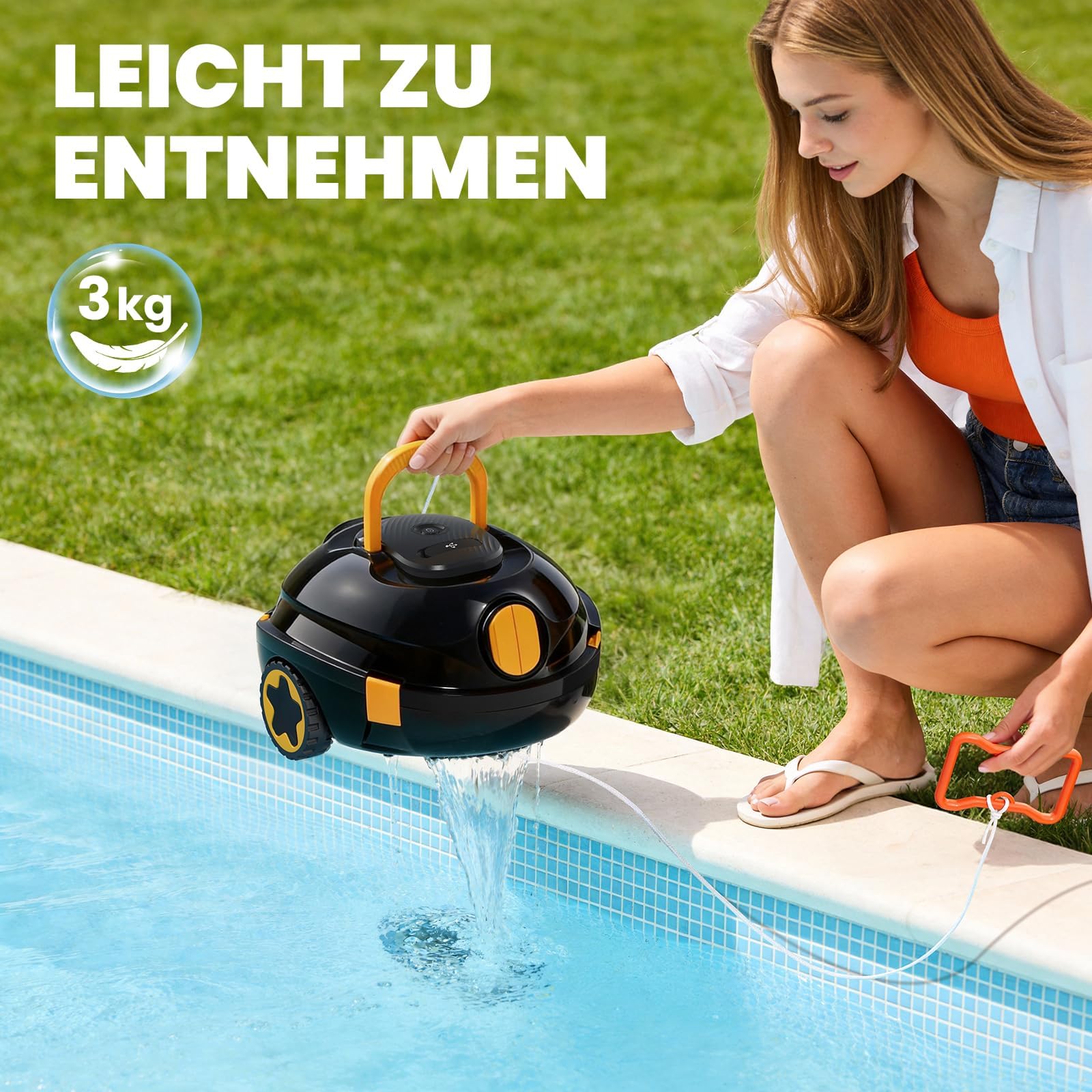 Kabellos Poolsauger Akku, 120 Min. Laufzeit, Leichtgewicht Poolroboter, Automatische Reinigung mit Selbsteinparkfunktion, Leistungsstarker Poolsauger für Flache Boden bis 110 m²(Schwarzo)