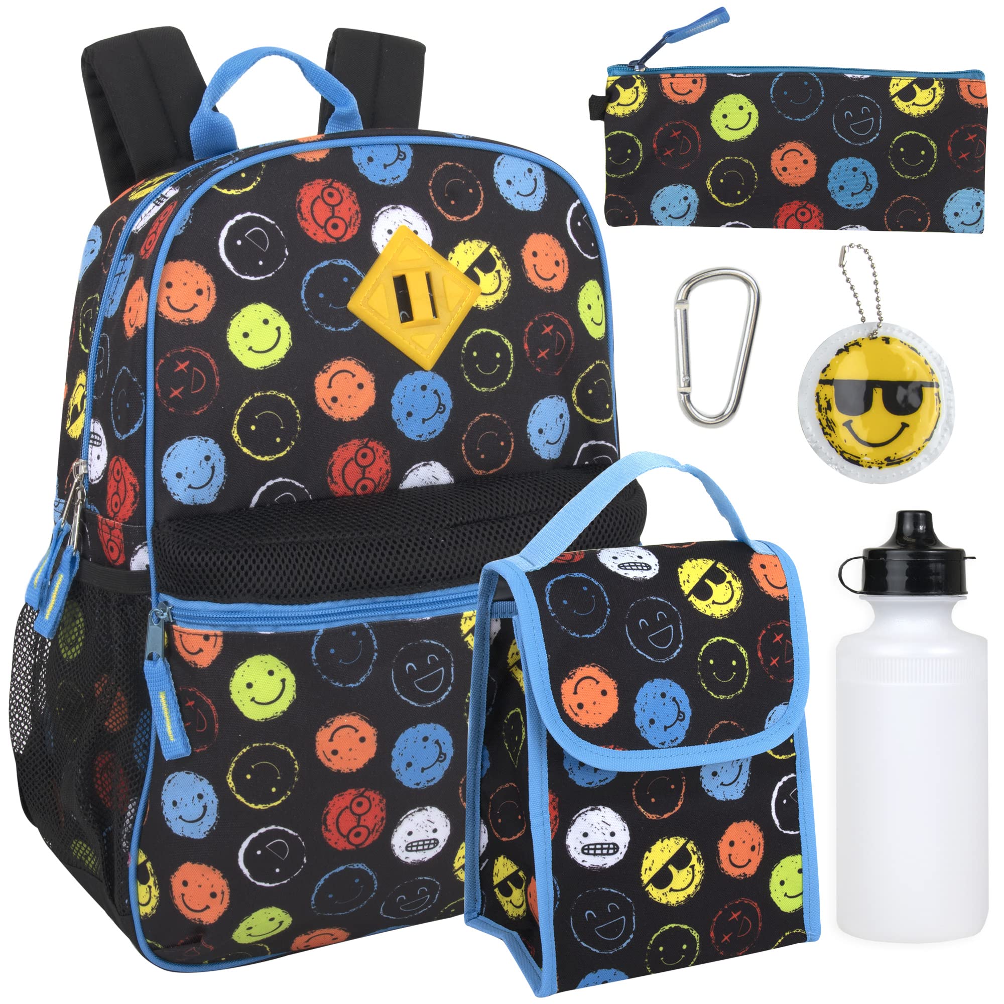 Boys 6 in 1 School Backpack Set with Lunch Box, Pencil Case, and Water Bottle Attached for Kids Kindergarten, Elementary, and Middle School with Fun Fidget Sensory Toy Keychain (Silly Smileys)