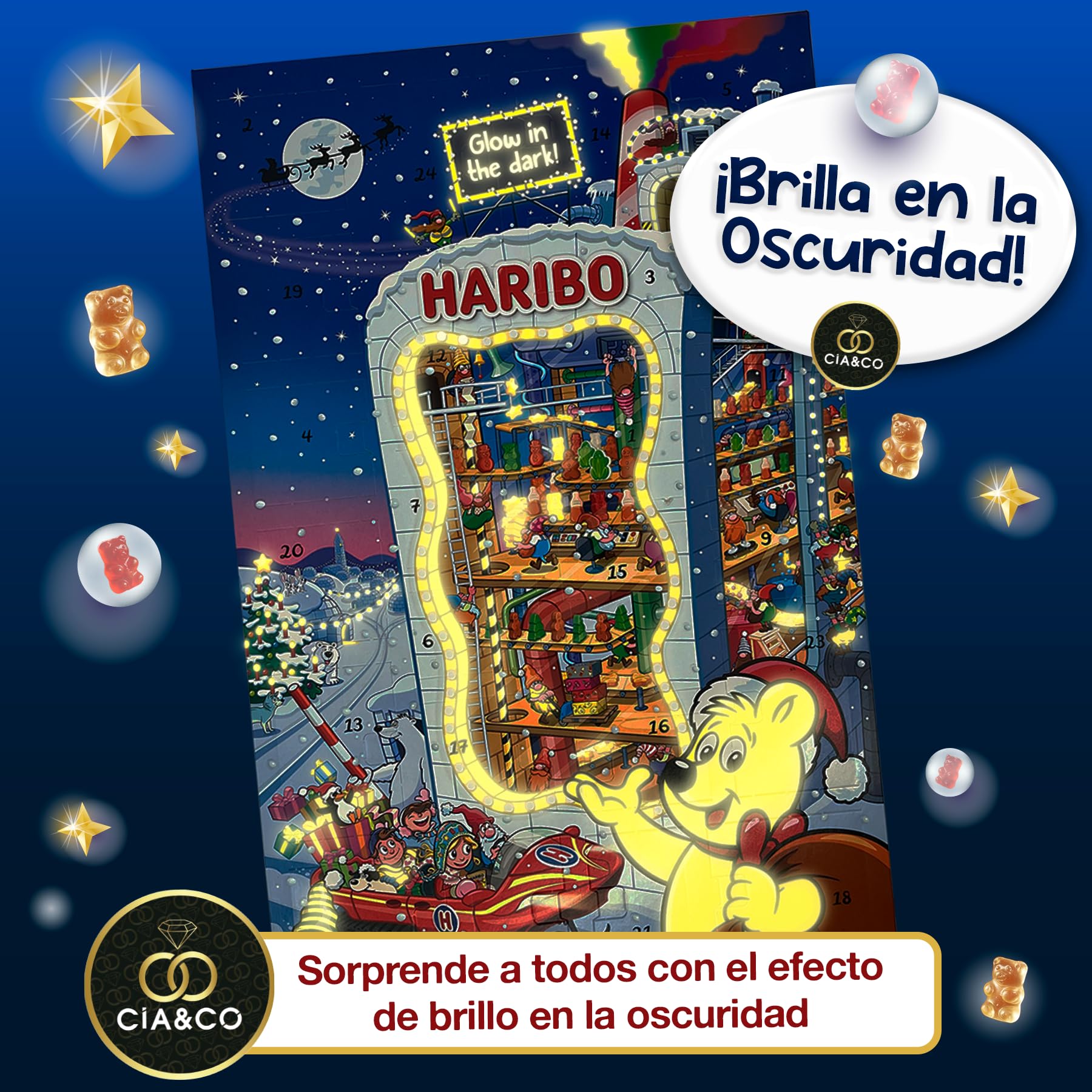 Calendario de Adviento HARIBO 2025 Brilla en la Oscuridad 24 Bolsitas Caramelos de Goma Variados 300 g