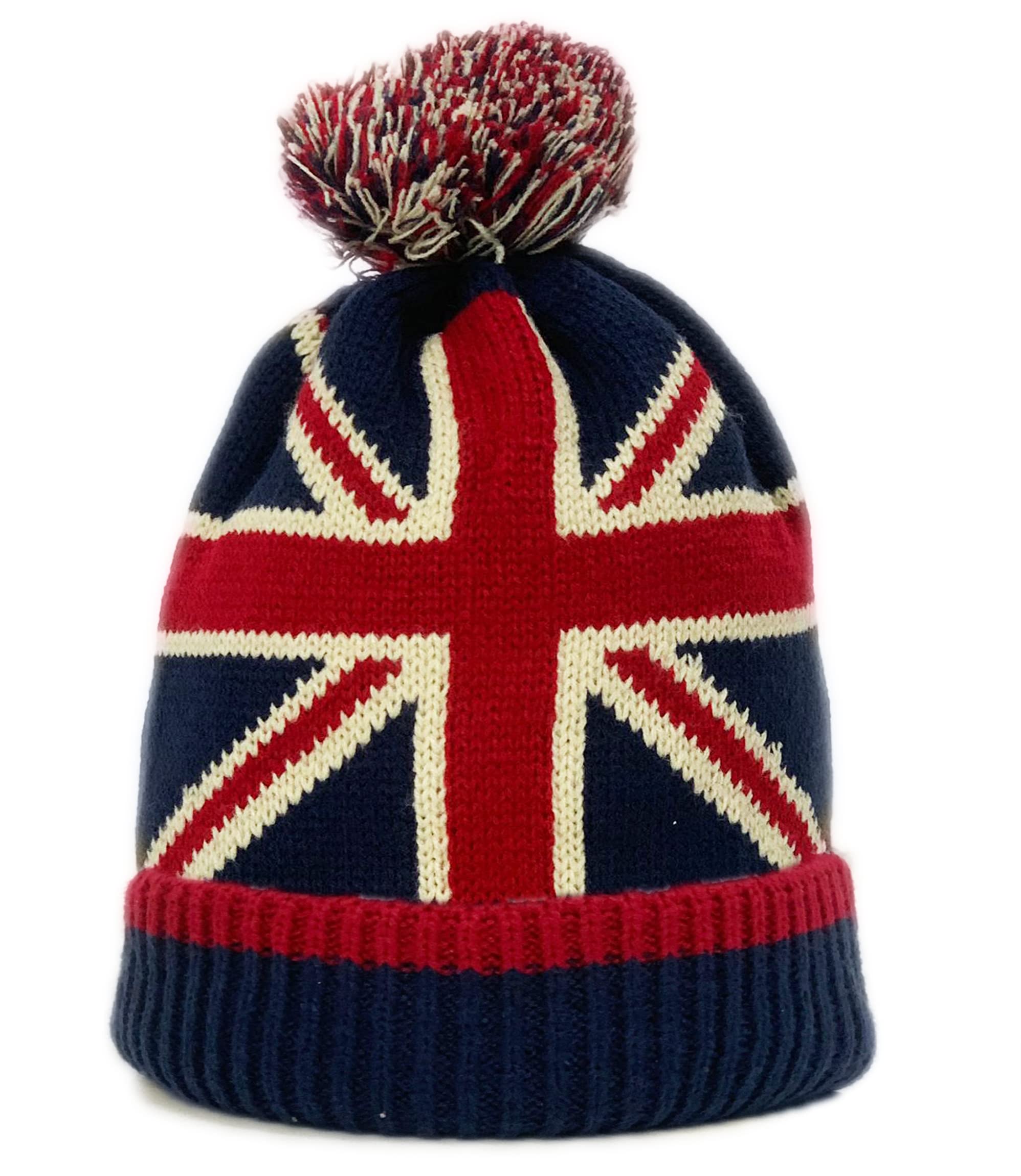 Hilto Unisex Blue Union Jack Union Jack Thermal Hat Knitted Hats Pom Pom Bobble Smart Fitting Hat Winter Warm England Uk Flag Beanie Pom-Pom Cap