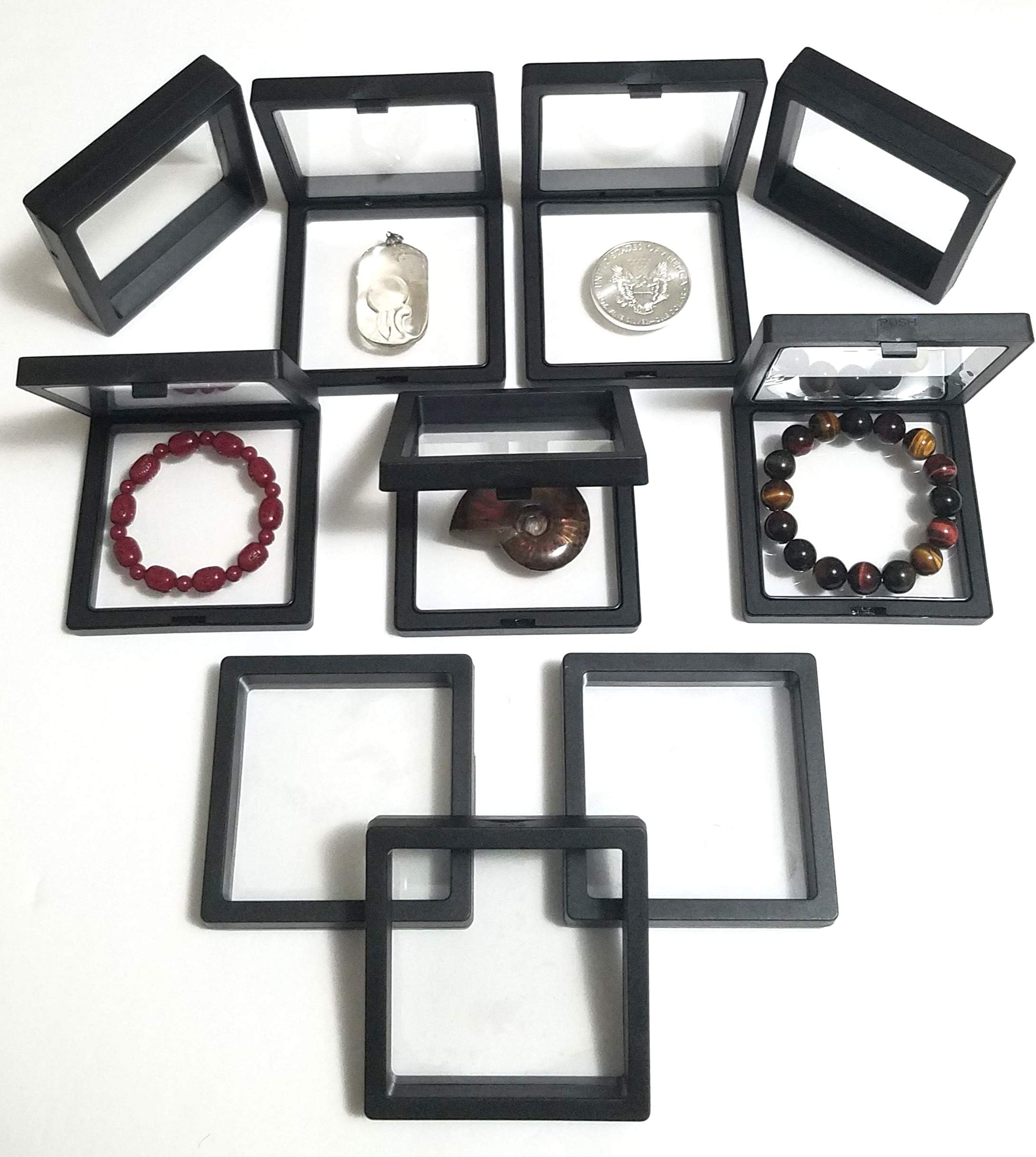 JM Future Black Transparent 3D Floating Frame Display Holder/Box/Frames for Challenge Coins, AA Medallions, Antique, Jewelry,Gift, 3.5 x 3.5 x 0.75 Inches (Set of 10 pcs)