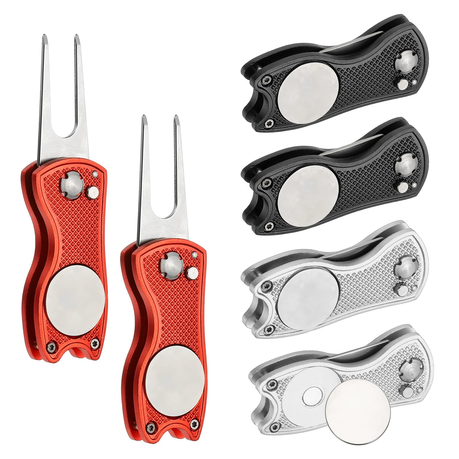 PATIKIL Golf Divot Repair Tool, 6 Pack Foldable Metal Golf Green Divot Tool with Magnetic Ball Marker & Stainless Steel Fork for Golfer, Silver/Red/Black