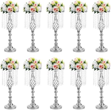 Sziqiqi Silver Metal Flower Stand for Wedding Table - 10pcs 20in Floor Vase Stands with Crystal Beads for Road Leads Tall Tabletop Centerpiece for Party Birthday New Opening