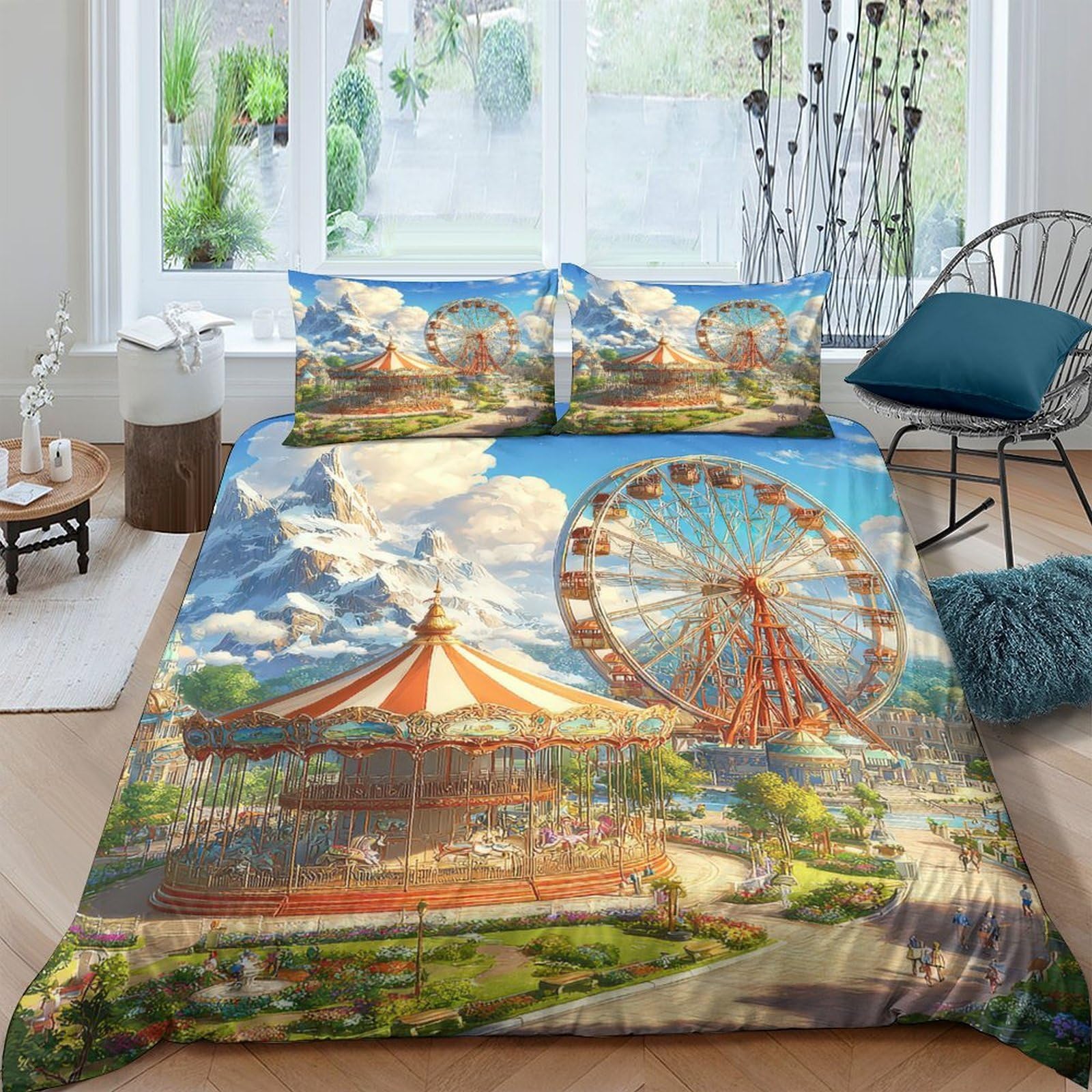 Ctjqhvkz Style-1 3D Printed Ferris Wheel Fitted Sheet Microfiber Soft Amusement Park Bed Cover For Bedroom Dorm Mattress Decor Single（135X200cm）
