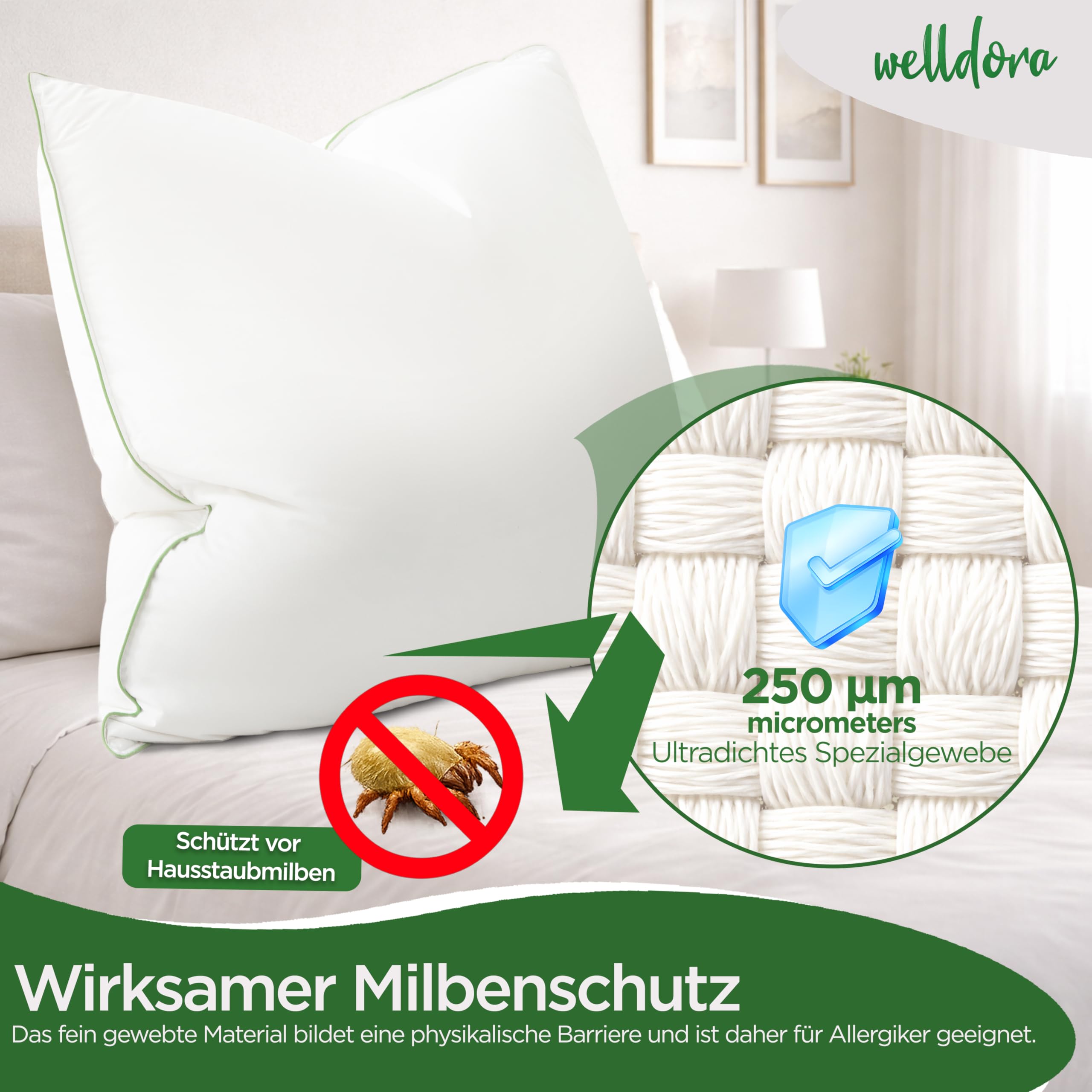 Welldora Kopfkissen 80x80 100% natürliche Daunenfasern Federn 3 Kammern Nackenstützkissen Oeko-Tex zert.
