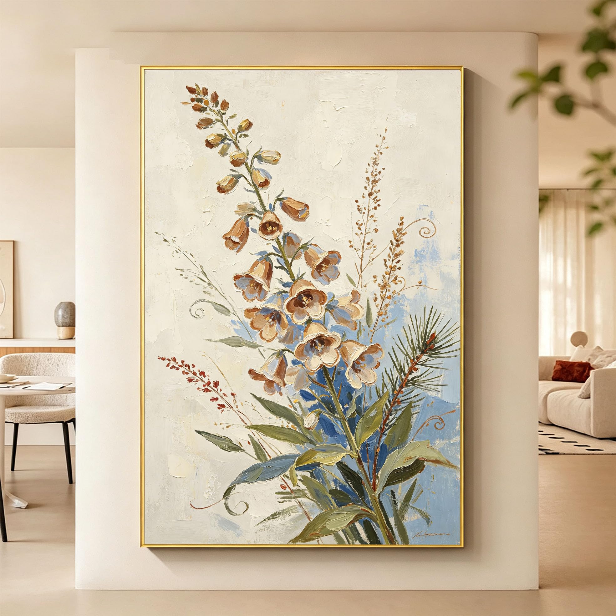 Wandbild Glockenblume Großes Leinwand Ölgemälde 100% Handgemaltes Blumen Ölgemälde Rahmenlos Ästhetisches Botanisches Kunstwerk Für Wohnzimmer Schlafzimmer 110X180Cm (43,3X70,8 Zoll)