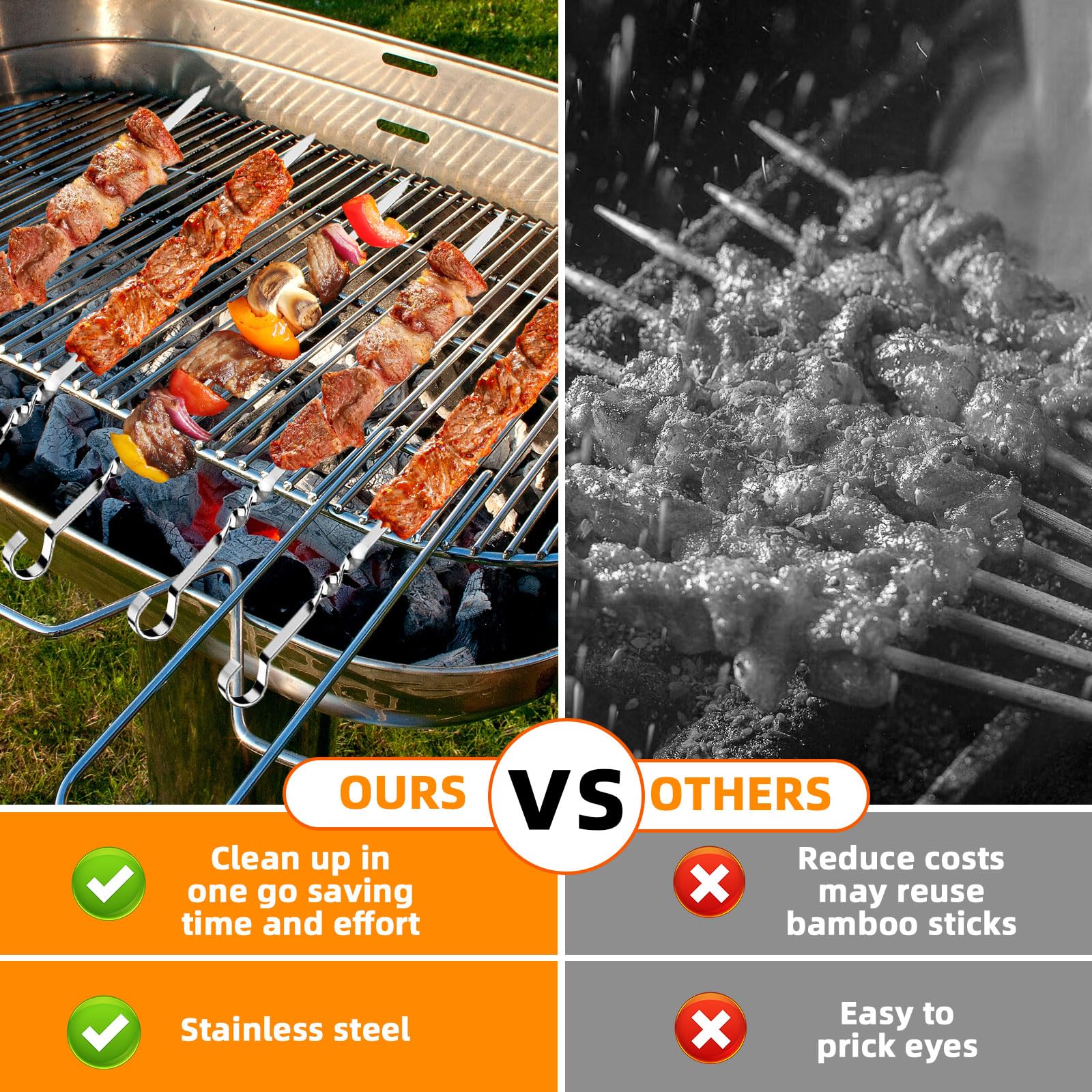 Brochettes en Acier Inoxydable 24 Pièces avec Pinceaux Réutilisables pour Barbecue Viande Légumes