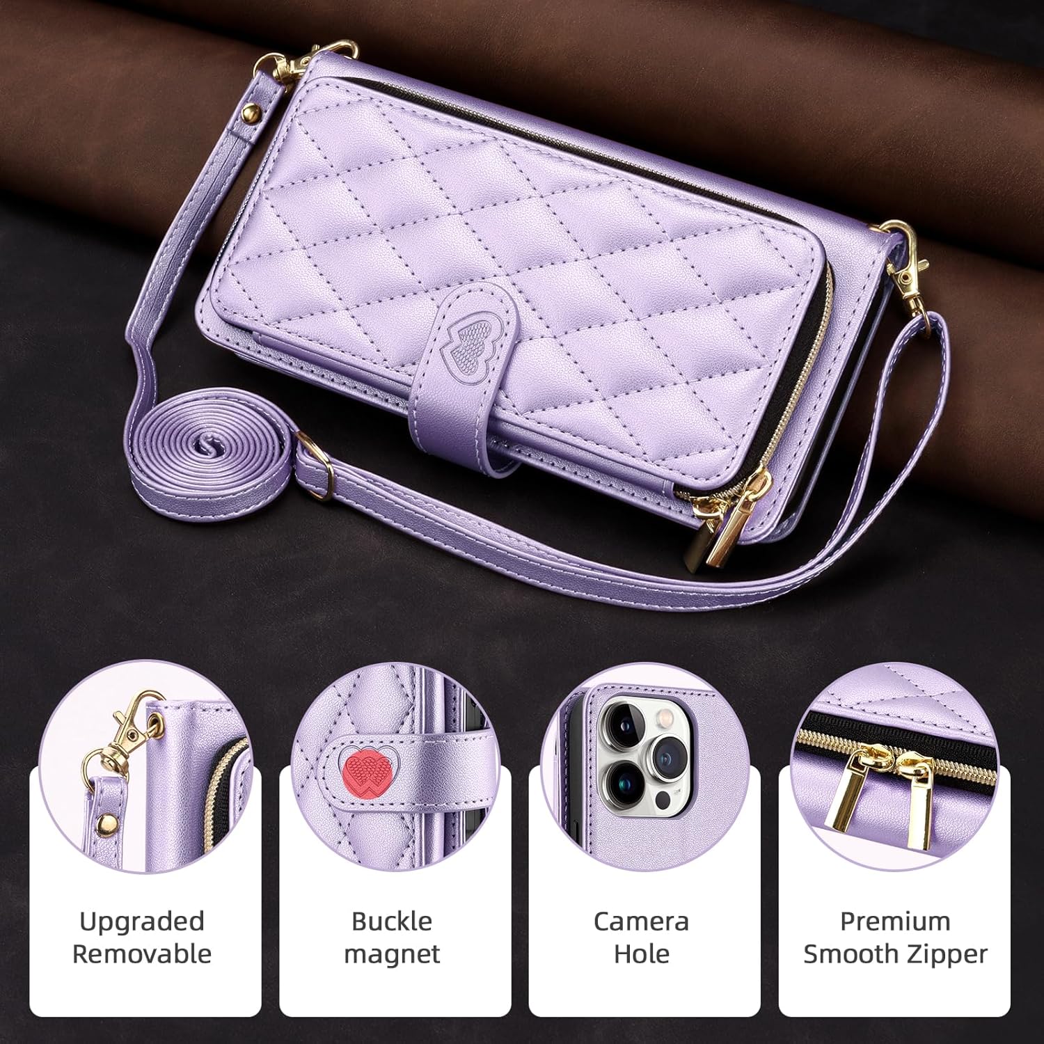 for iPhone16 PRO MAX Wallet Case with Crossbody and Wrist Strap for Women Girls,Fashion PU Leather RFID Blocking Kickstand Flip Folio Phone Cover with Card Holder and Zipper Light Purple
