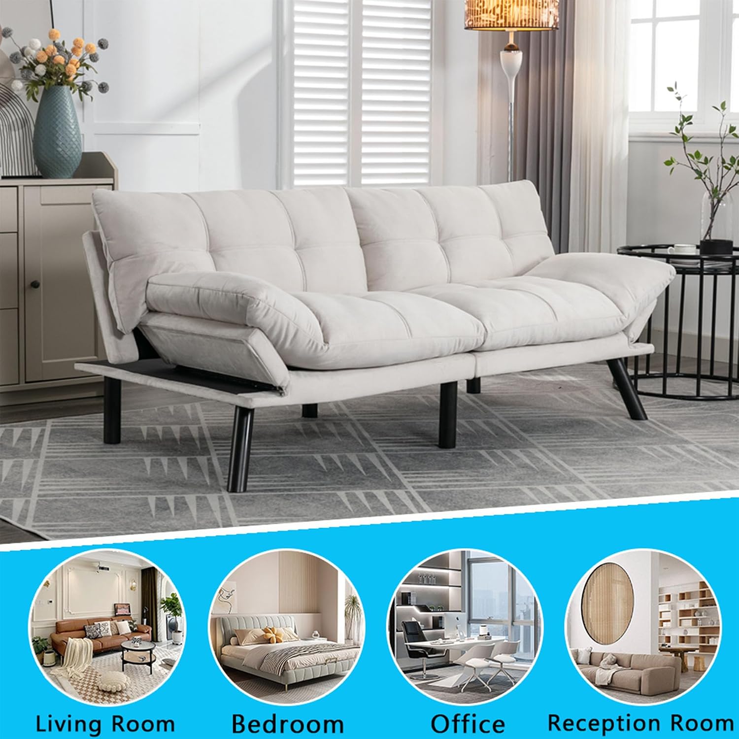 71" Velvet Futon Couch Bed with Mattress Included,Convertible Folding Sleeper Sofa Bed with Adjustable Backrests,Modern Loveseat Sleeper for Living Room Bedroom Small Space Home Office (Cream)