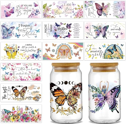 gisgfim 12 hojas de transferencia de vidrio con diseño de mariposa para vidrio, UV DTF de vasos, calcomanías de transferencia de envoltura floral de