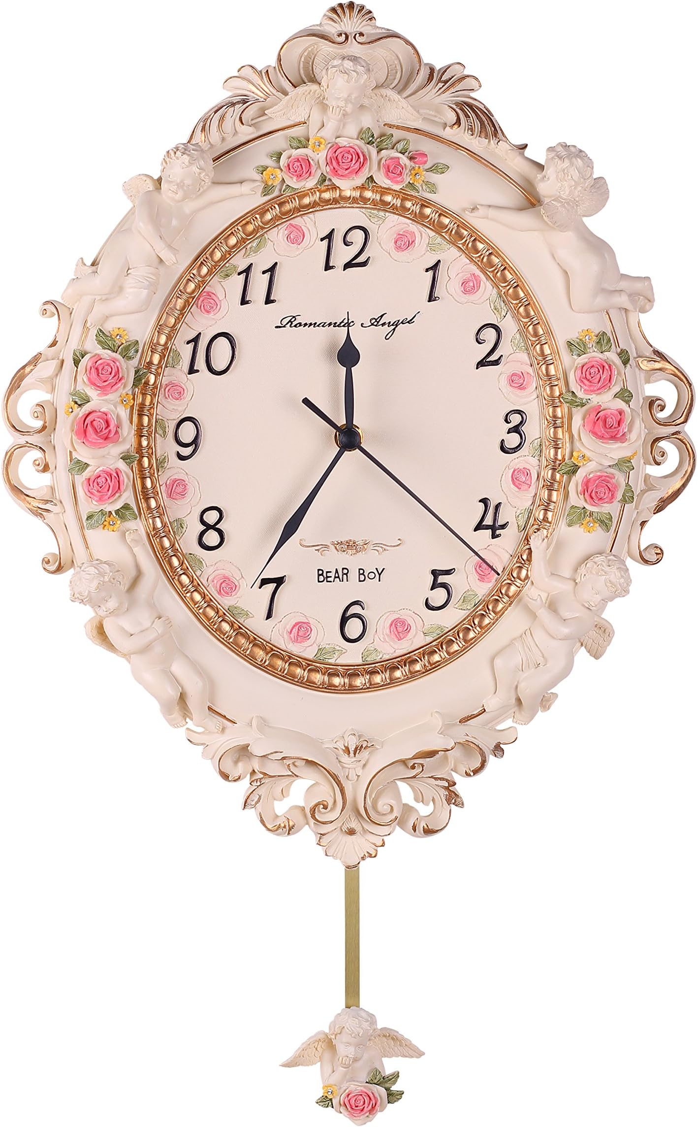 3D Hand Carved European Style Silent Angel Decorative Gift Resin Wall Clock, 13" L x 16.5" H