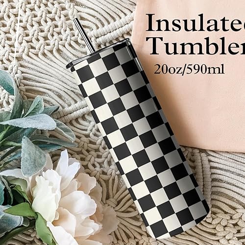 Miniatura 7 de Ceovfoi Vaso a cuadros blanco y negro de 20 onzas con tapa de asa y pajilla, vaso a cuadros, botella de agua, taza de café de viaje, taza de café,