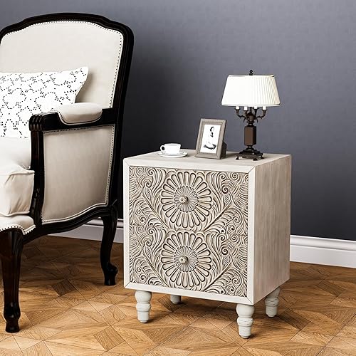Miniatura 21 de HOMPUS Juego de 2 mesas auxiliares con cajón y estante, juegos de mesitas de noche vintage con cajón de patrones, mesita de noche de grano de 1
