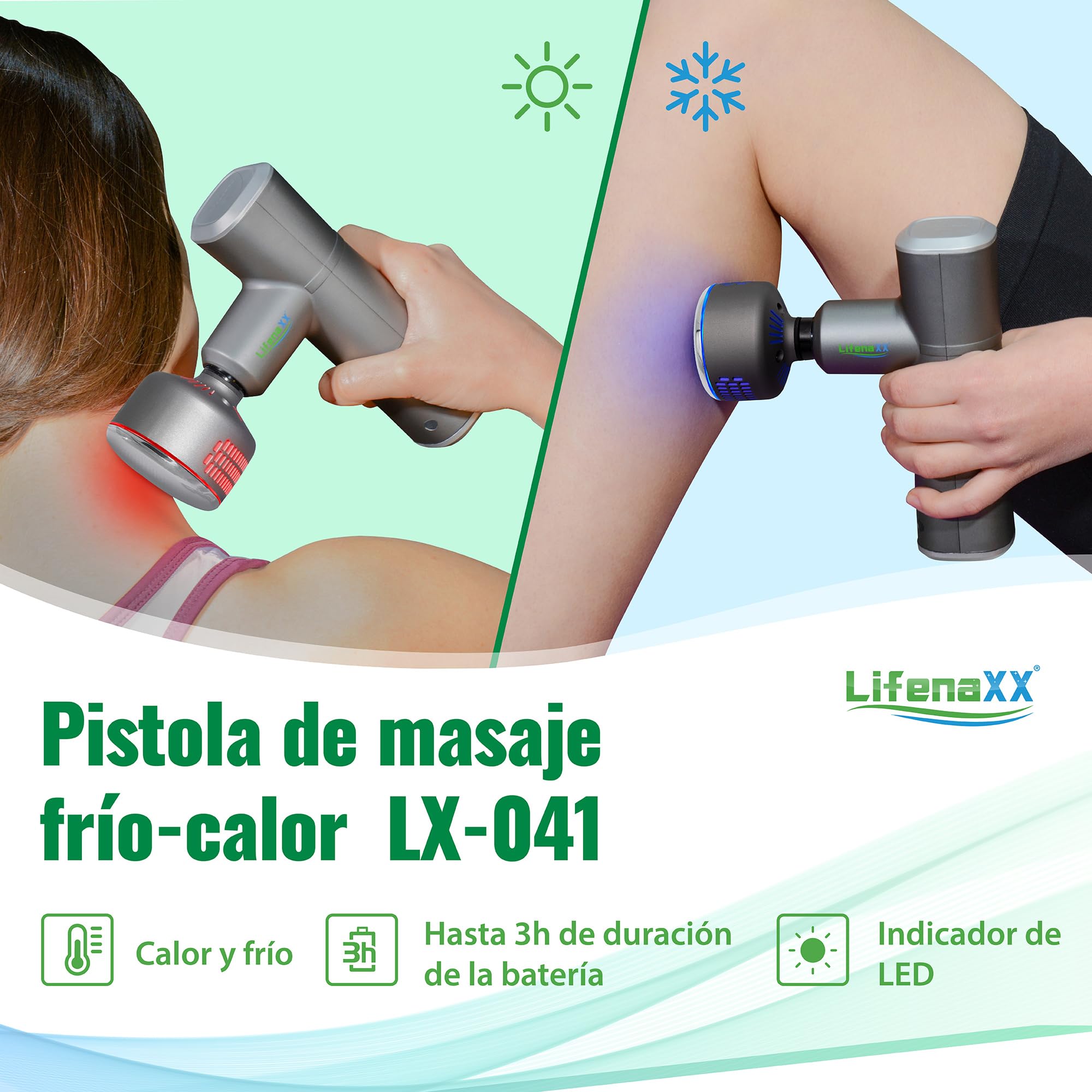 Pistola de masaje de tejido profundo Lifenaxx LX-041, 3 niveles de calentamiento y enfriamiento, 5 cabezales, 4 niveles masivos, carga USB, 2000 mAh - uso diario y después del deporte