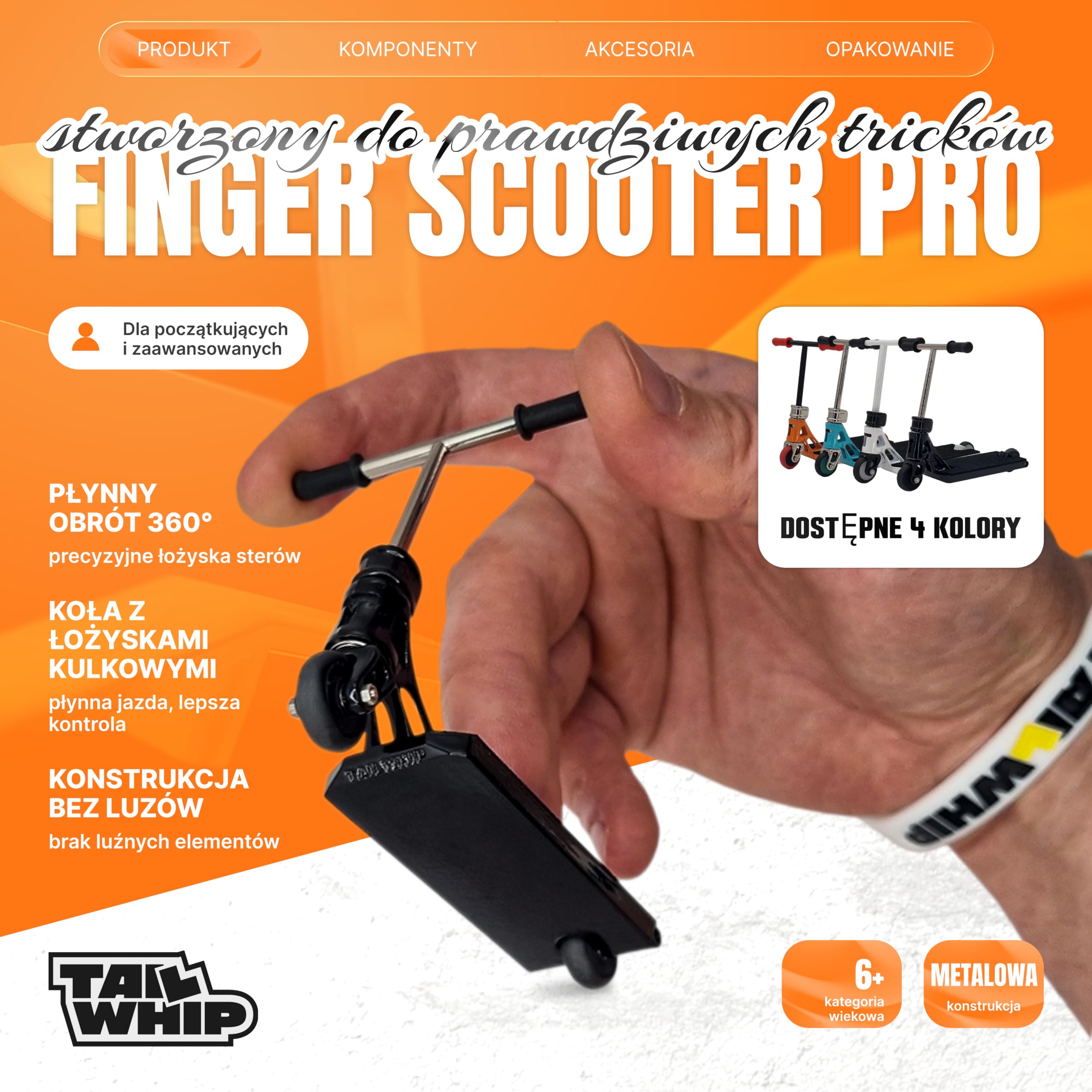 TAILWHIP Pro Finger Scooter z łożyskami kulkowymi – bez zabawy, cicha praca, naklejka na pokład do indywidualizacji, wytrzymała metalowa hulajnoga trick Scooter dla dzieci i dorosłych, czarna