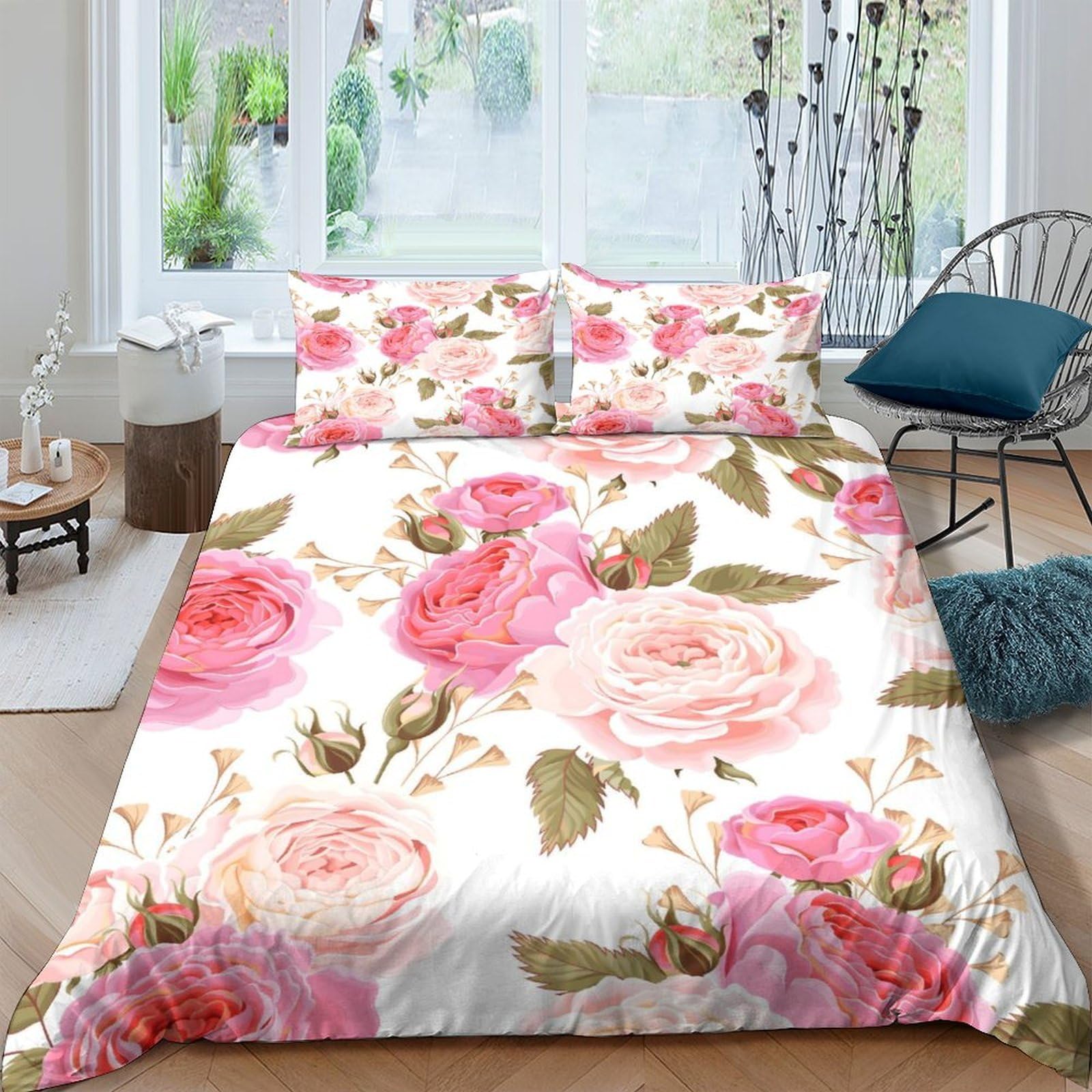 XFKLYNVCJ 3D Printed Pink roses Bed Cover Microfiber Vintage floral pattern Bedding Cover Fade Resistant Wrinkle Free for University Accommodation Student Dorm Daily Use Single（135x200cm）