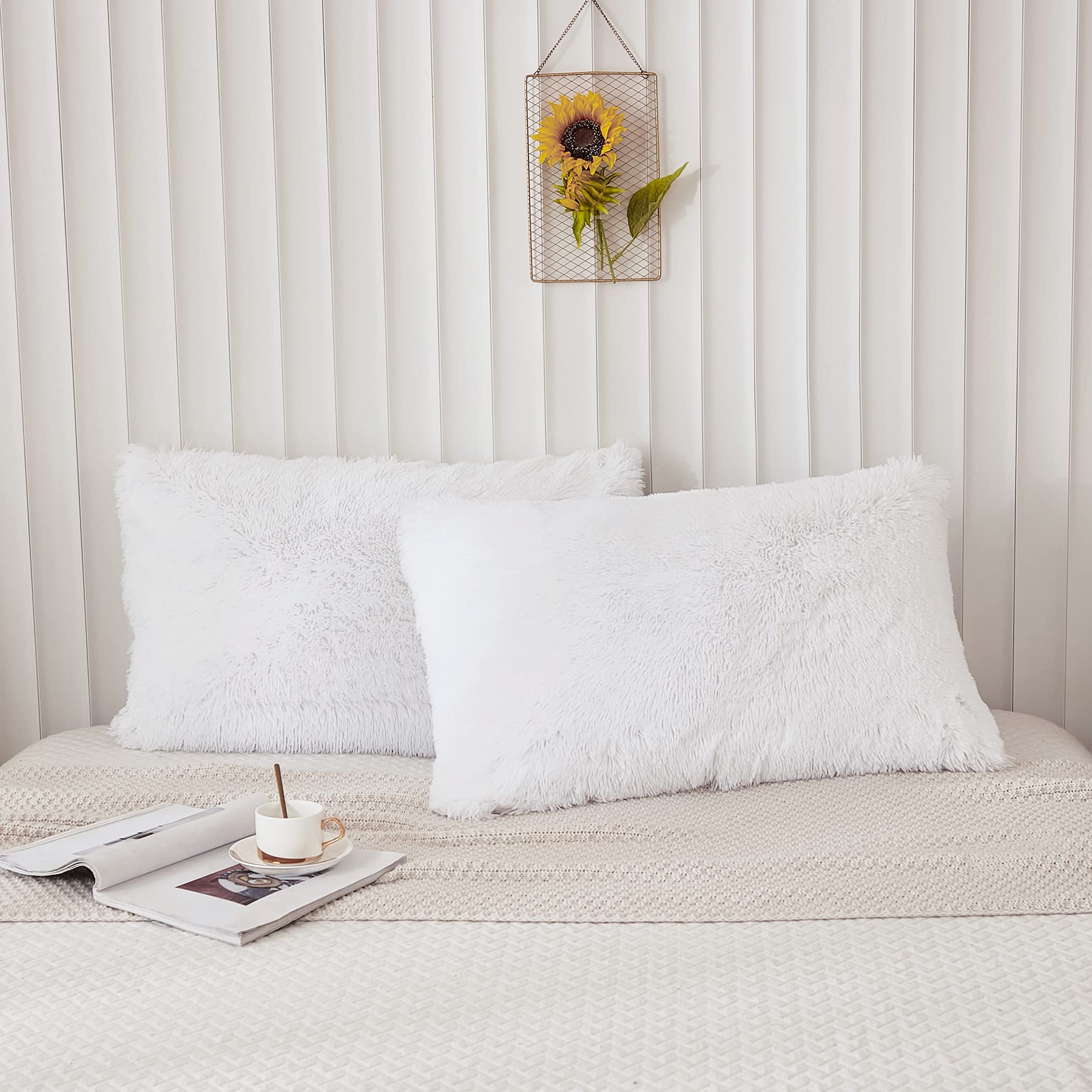 Memfydu Faux Fur Fluffy Pillowcases, White Plush Shaggy Velvet King Size Pillow Cover Set of 2, Zipper Closure (20