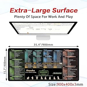 Kinevolve Excel/Word/Outlook/PowerPoint Shortcut Keys Mouse Pad, Shortcut Mat for Pc Office,Large XXL Gaming Mousepad,Non-Slip Stitched Edge 35.4" x 15.7"