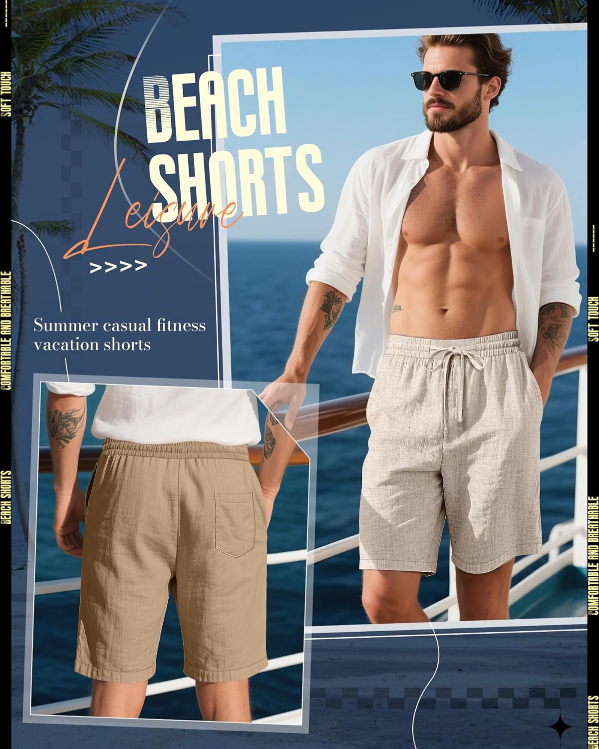 Ficerd 2 Pack Men's Linen Shorts, Elastic Waist Beach Pants with Drawstring Pockets Summer Casual Gym Vacation Shorts - Image 2