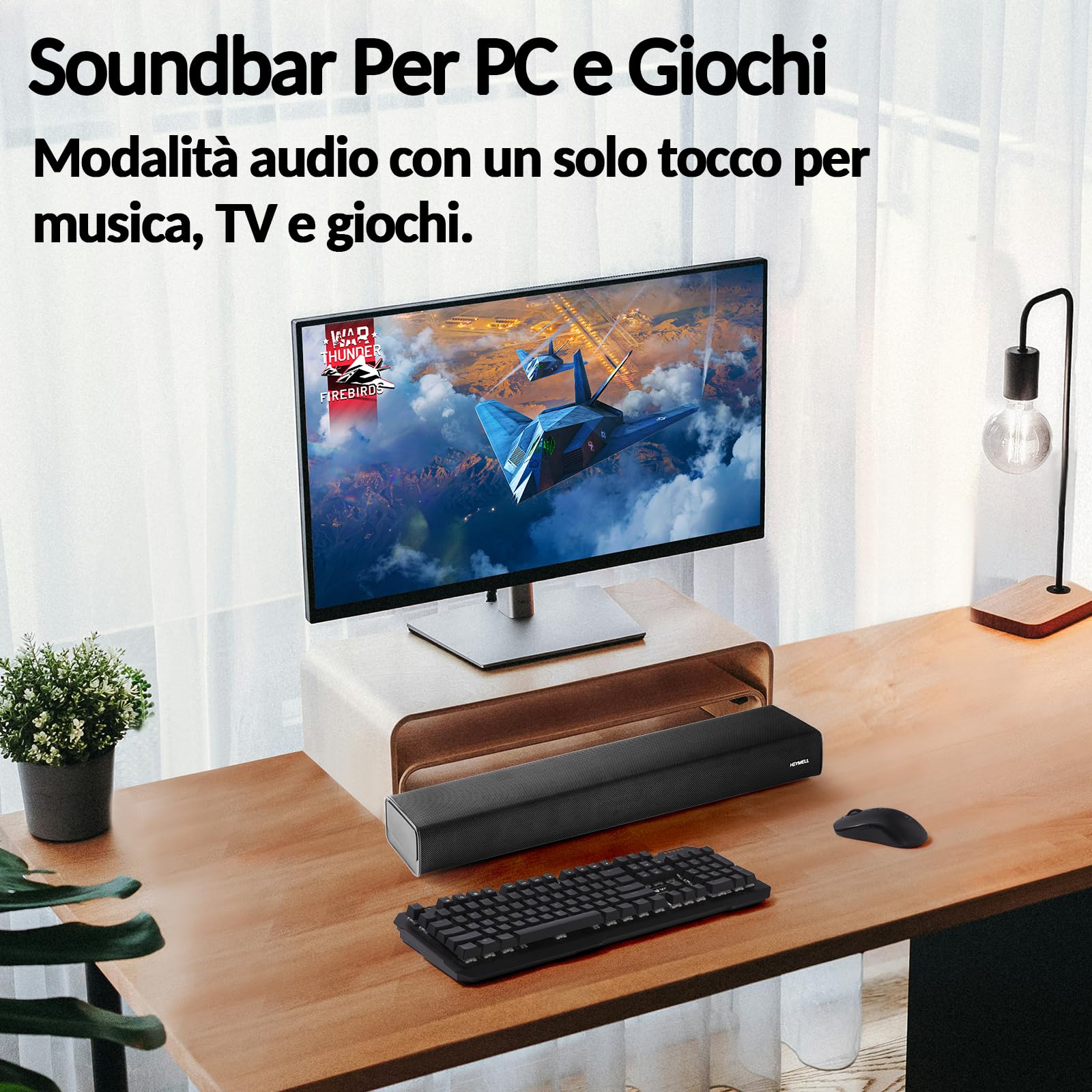 2.1ch Piccolo Soundbar TV Bluetooth/PC/Proiettore Subwoofer Integrato, 120W Sound Bar Casse per TV, Miglioratore Dialogo, HDMI ARC Ottico Aux.