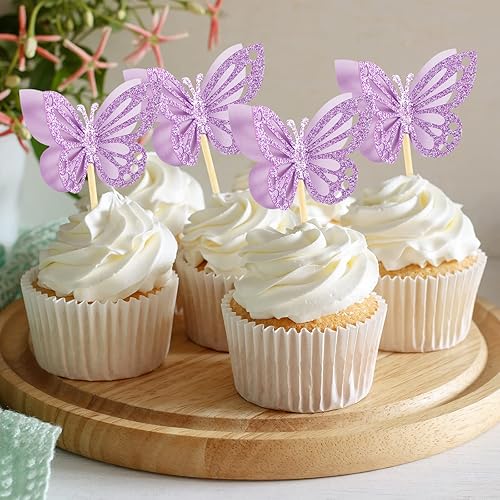 Miniatura 4 de Chinco 48 piezas adornos de mariposa para cupcakes ensamblados de doble capa adorno para cupcakes con purpurina 3D adorno para pastel de mariposa