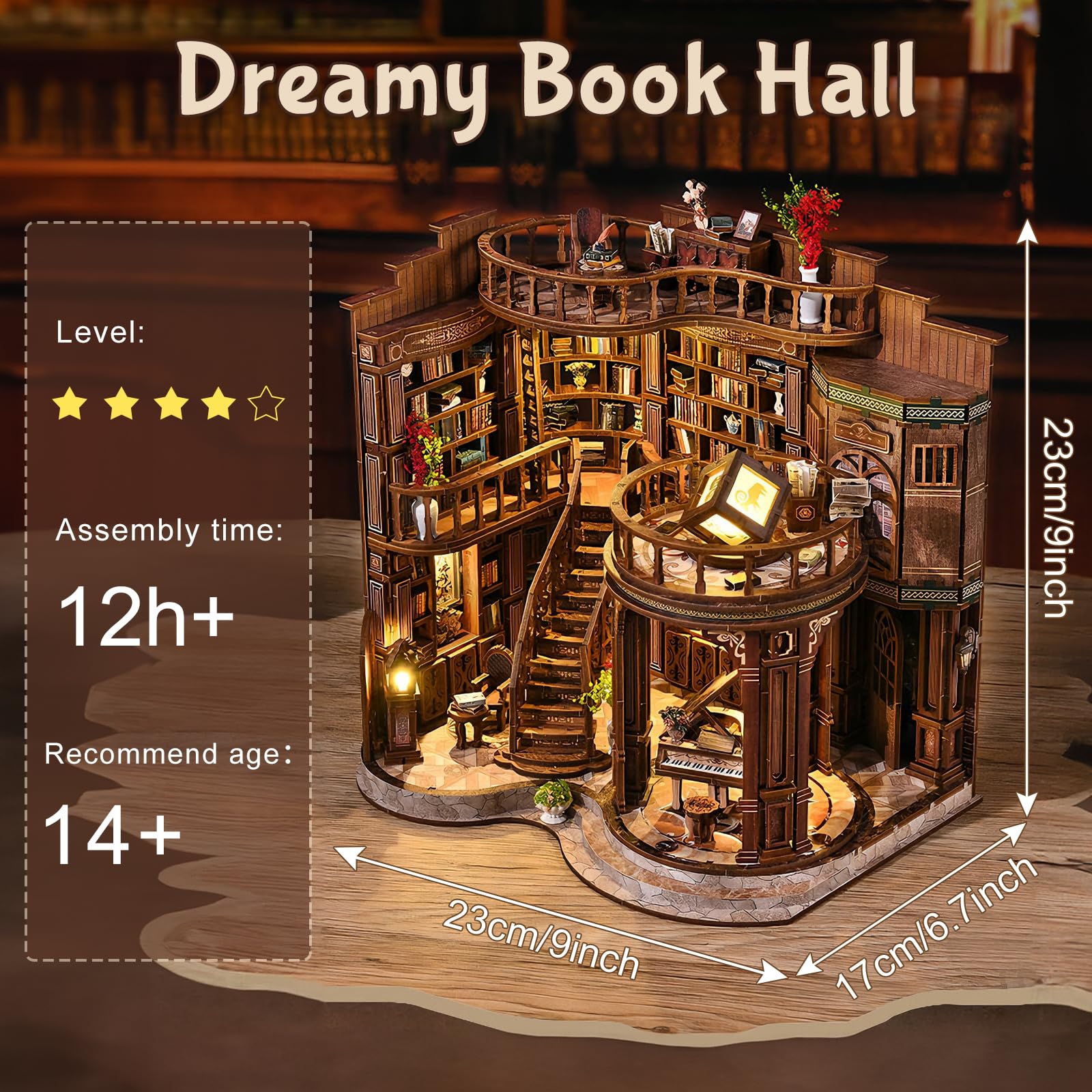 Cuteefun DIY Miniatur-Puppenhaus Bausatz aus Holz mit LED, Book Nook Kit | Kreatives Handwerk, Wohnaccessoire & Bücherregal-Dekoration, Geschenk zu Weihnachten Geburtstag (Dreamy Book Hall)