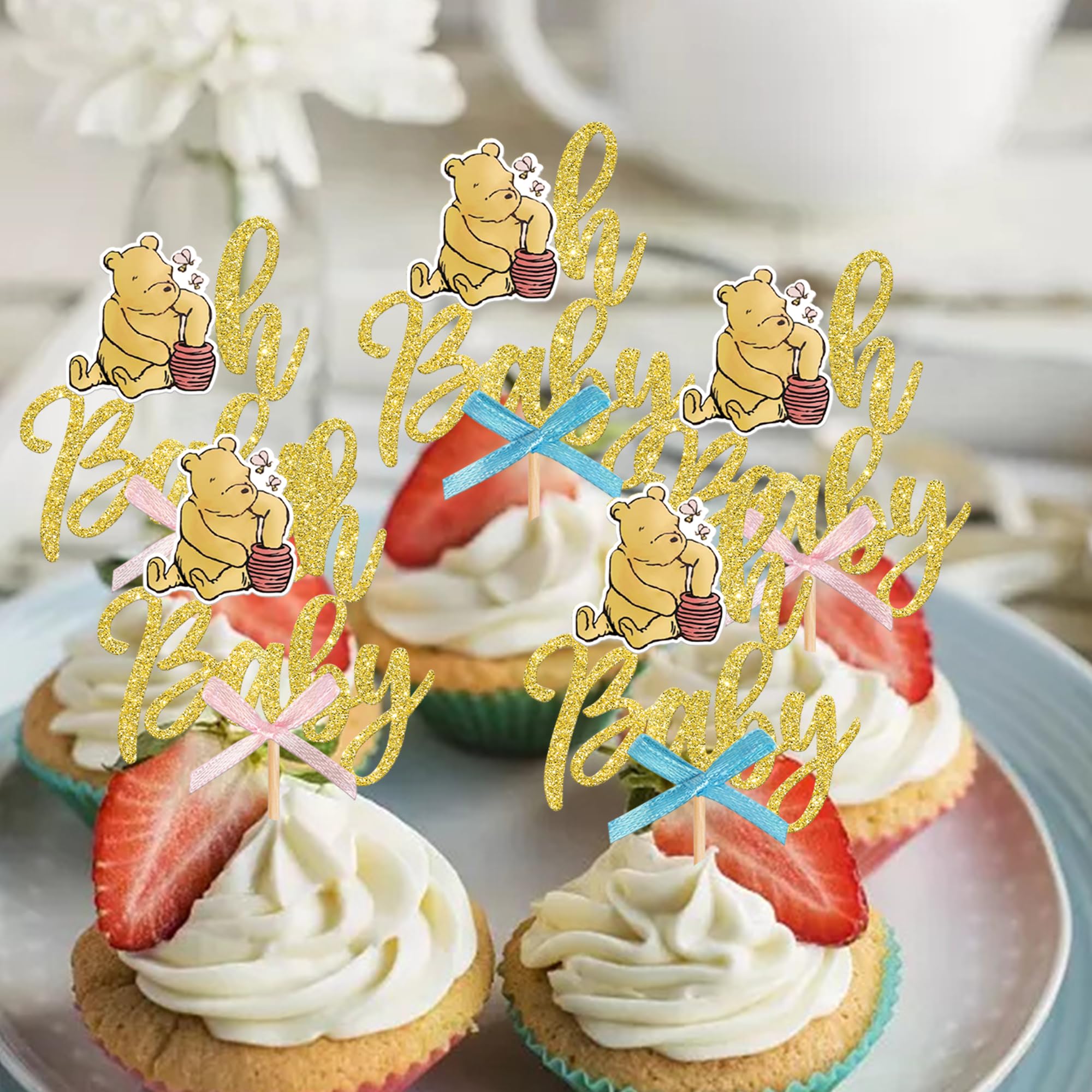 Rsstarxi 60-Pack Blue Baby Bear Cupcake Toppers - Gender Reveal & Baby Shower Cake Decorations