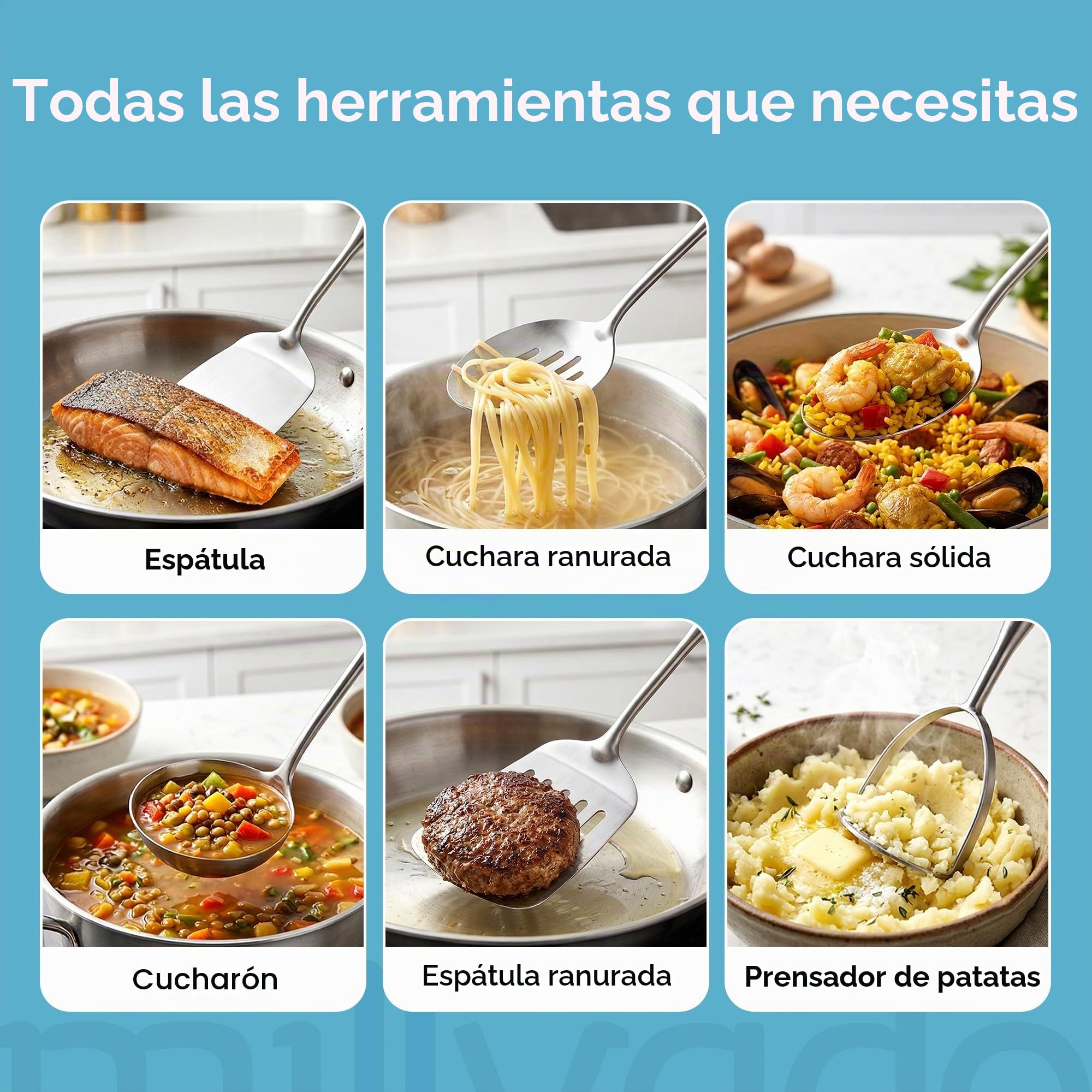 Millvado Juego de utensilios de acero inoxidable: juego de 6 utensilios de cocina para cocinar y servir, cuchara sólida, cuchara ranurada, espátula sólida, espátula ranurada, cucharón de sopa,