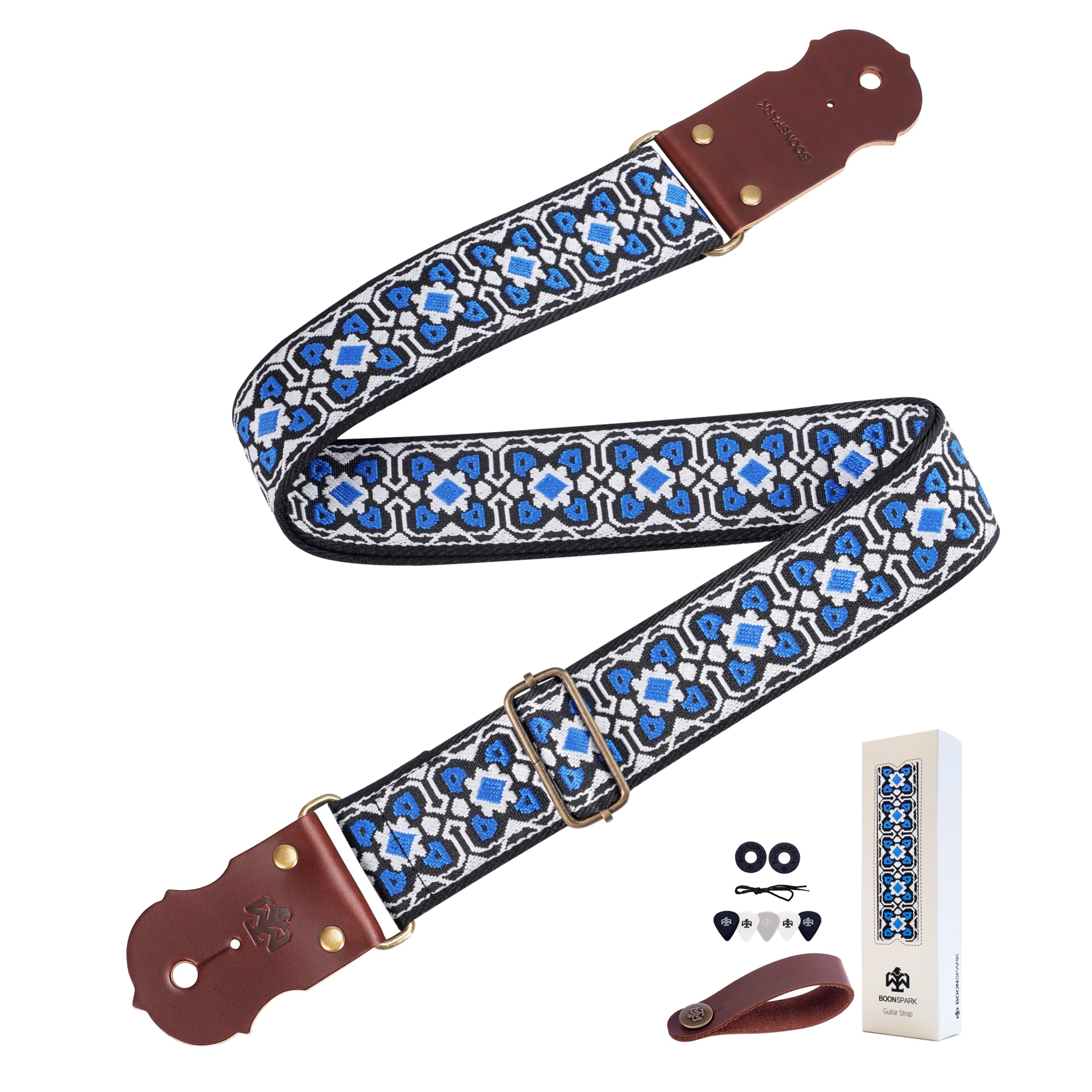 Guitar Strap - 2" Wide Thick Real Cowhide Ends,Safety &amp; Durable Guitar Straps with Soft Embroidery Adjustable Strap,Blue Black Boho