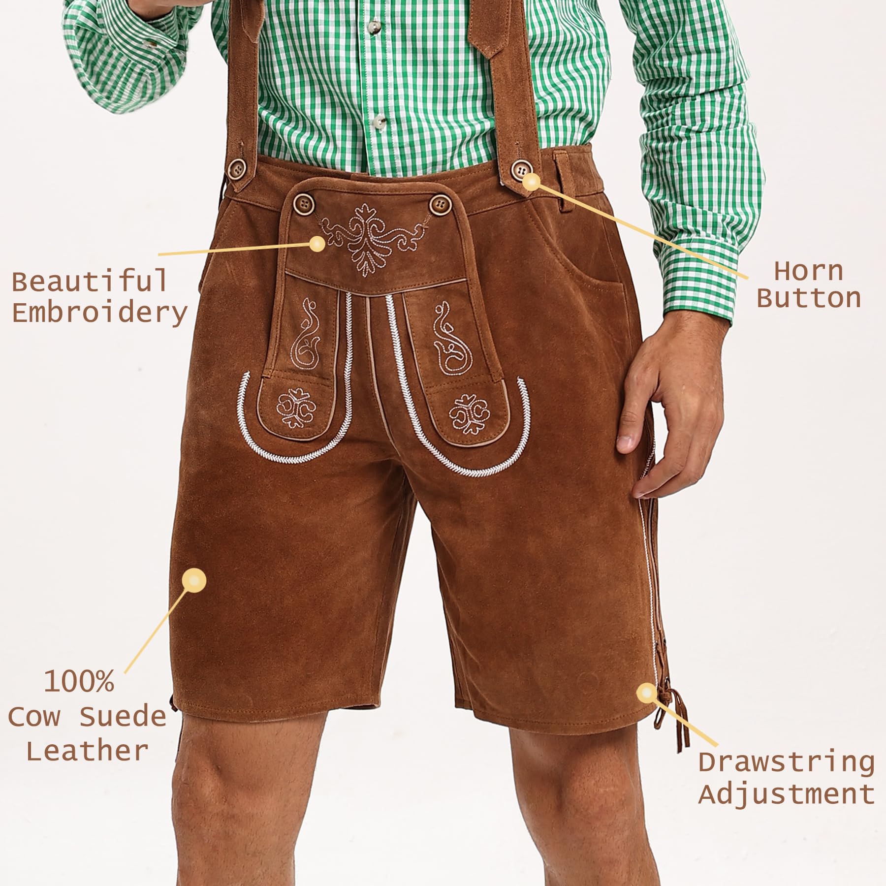 Adisno Lederhosen Men,Oktoberfest Outfit Mens,October Festival Costume Mens,Oktoberfest Costume Lederhosen Men,100% Cow Suede Leathe (Brown - Image 2
