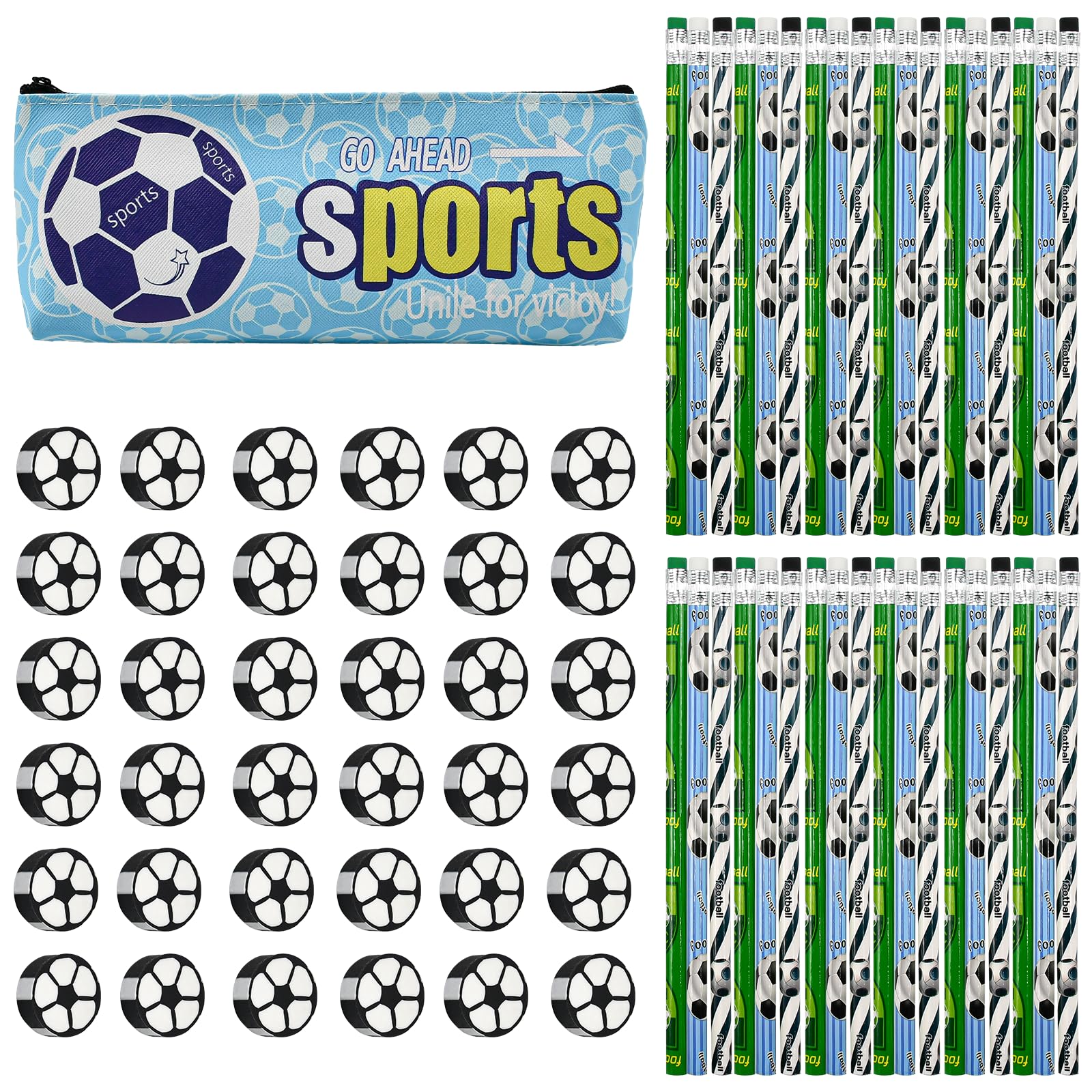 KNGK 36 lápices de fútbol con 36 gomas de fútbol y 1 estuche de lápices de fútbol, lápiz de fútbol infantil, lápiz de papel con goma de borrar para escolar, oficina, regalos de cumpleaños