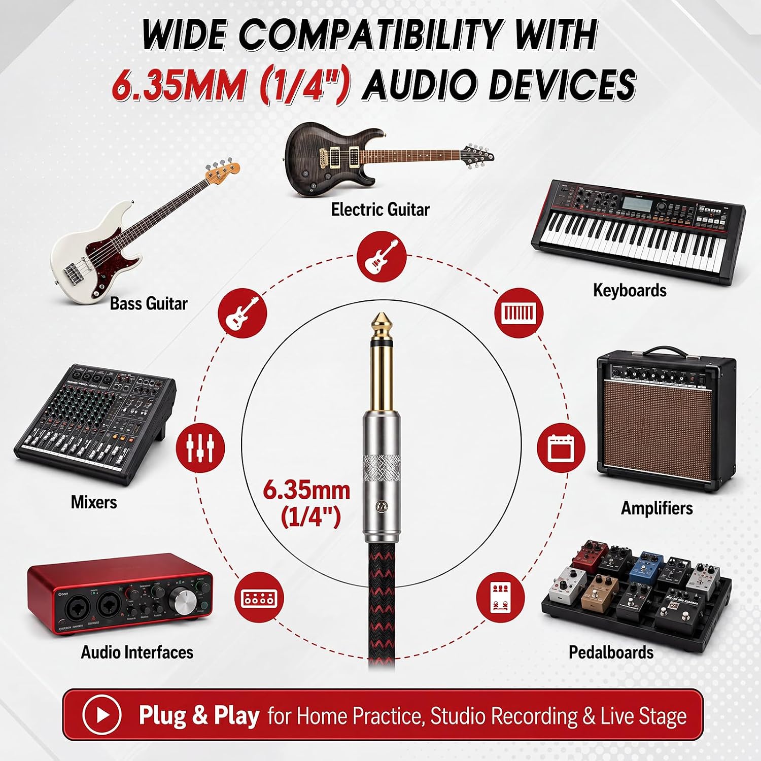 Konohan 10 Pack 10ft Instrument Cables, Multicolor Copper Braided Cords for Electric Guitar, Bass, Keyboard, Mixer and Amplifier, 1/4 Inch Right Angle to Straight image 5