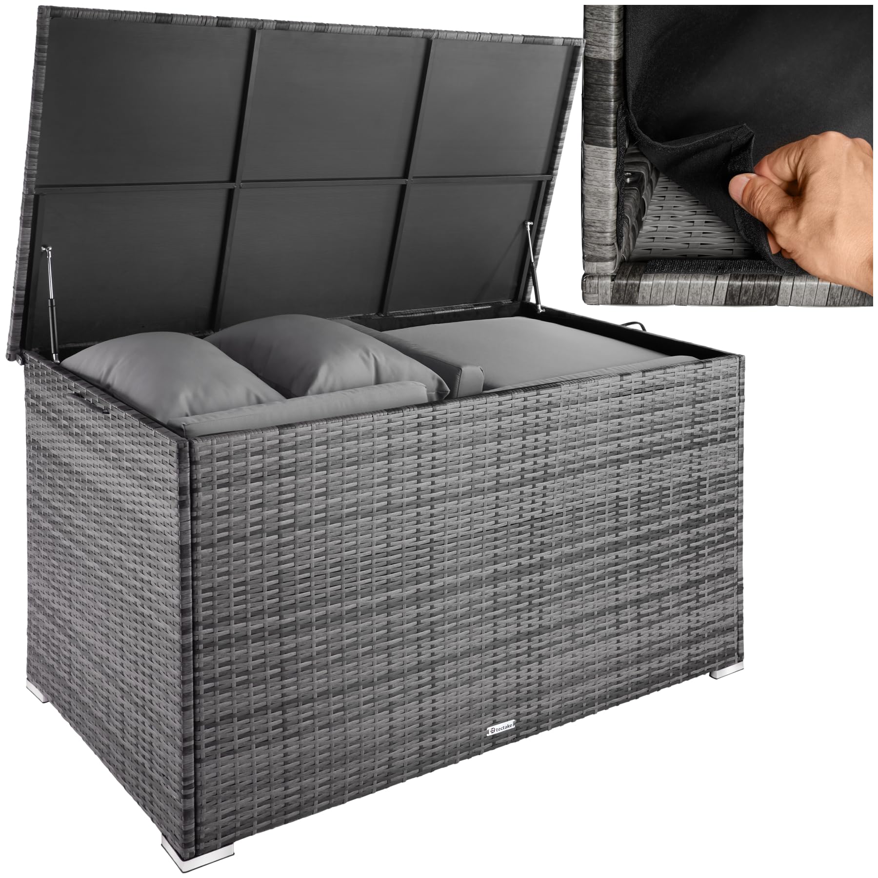 tectake® Coffre de jardin Exterieur, Coffre à Coussins 750 L en Aluminium Polyrotin 145 x 82,5 x 79,5 cm, Couvercle Rabattable, Poignées pour Rangement des Outils de Jardin, Jouets