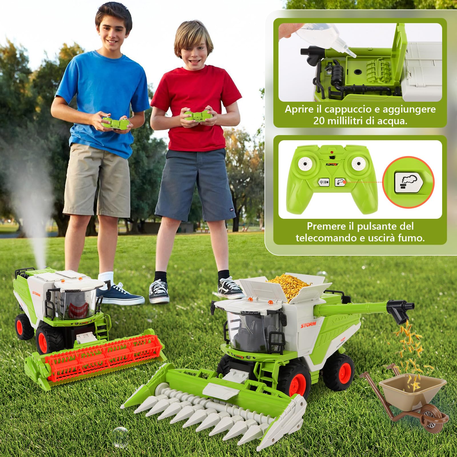 Charmofun Mietitrebbia Telecomandata con Spruzzatura, Trattore Radiocomandato per Bambini, 2,4 Ghz RC Trattore Giocattolo, Giocattoli Agricoltura Playset Regali