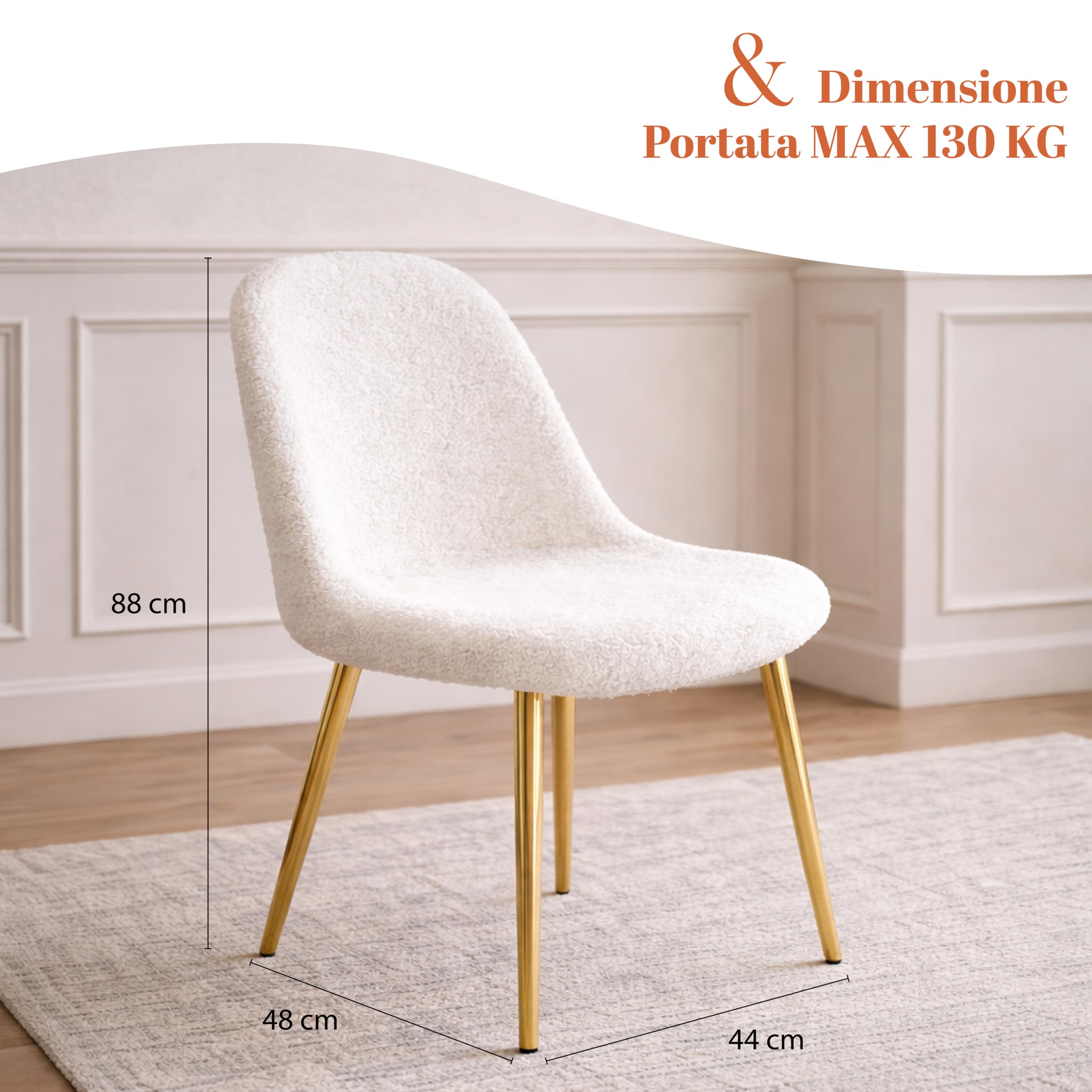Maury's Set 4 Sedie Imbottite Teddy - Tessuto Morbido, Deisgn Moderno, Gambe in Metallo Oro, Comfort, Struttura Resistente, per Cucina, Soggiorno - 44X48X88h CM (Tessuto Bianco)