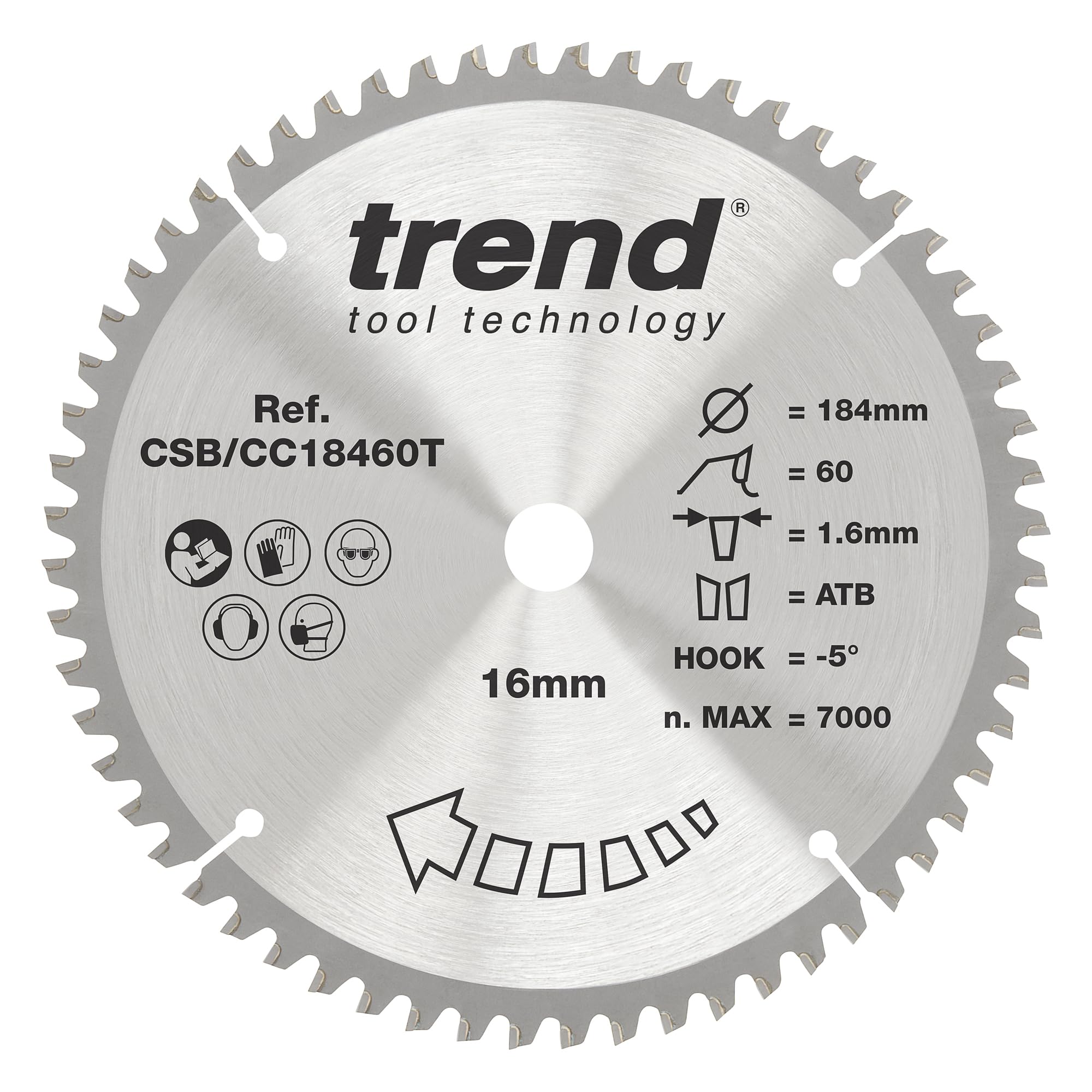 Trend Tungsten Carbide Tipped Wood Cordless Mitre Saw Blade, 184Mm Diameter, 16Mm Bore, 60 Teeth, 1.6Mm Kerf, -5° Hook, Tct, Extra-Fine Finish, Csb/Cc18460t