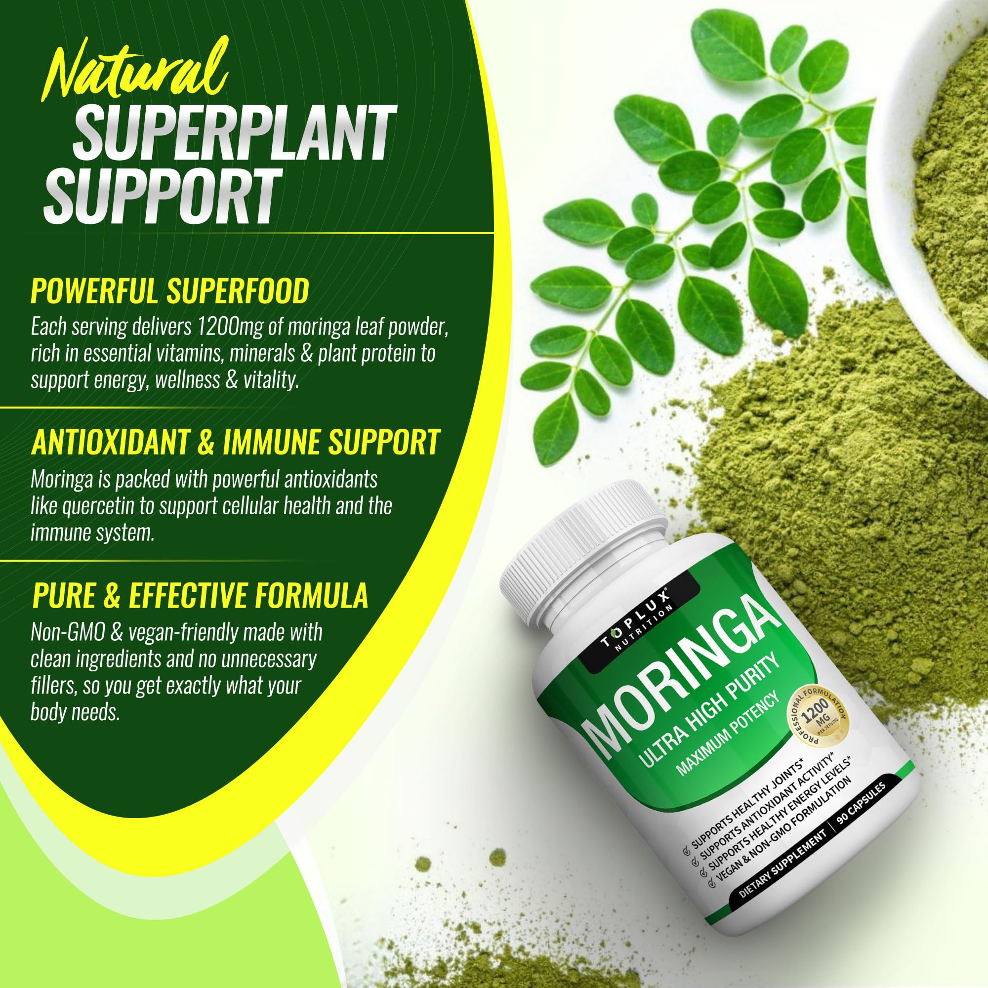 Toplux Moringa Capsules 1200mg – Pure Moringa Powder High Potency Leaf Extract Green Superfood Rich in Antioxidant, for Energy & Immune Support, Vegan Non-GMO 90 Capsules — Amazon image 4