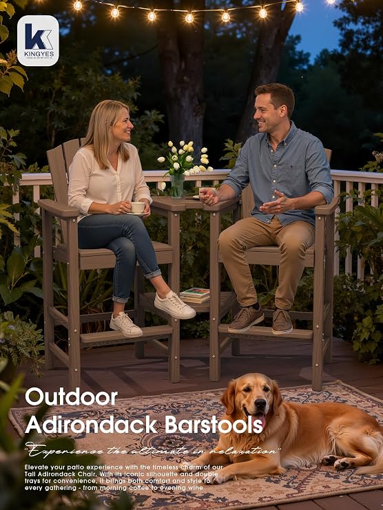 KINGYES Tall Adirondack Chair Set of 4 with Double Connecting Trays, Brown